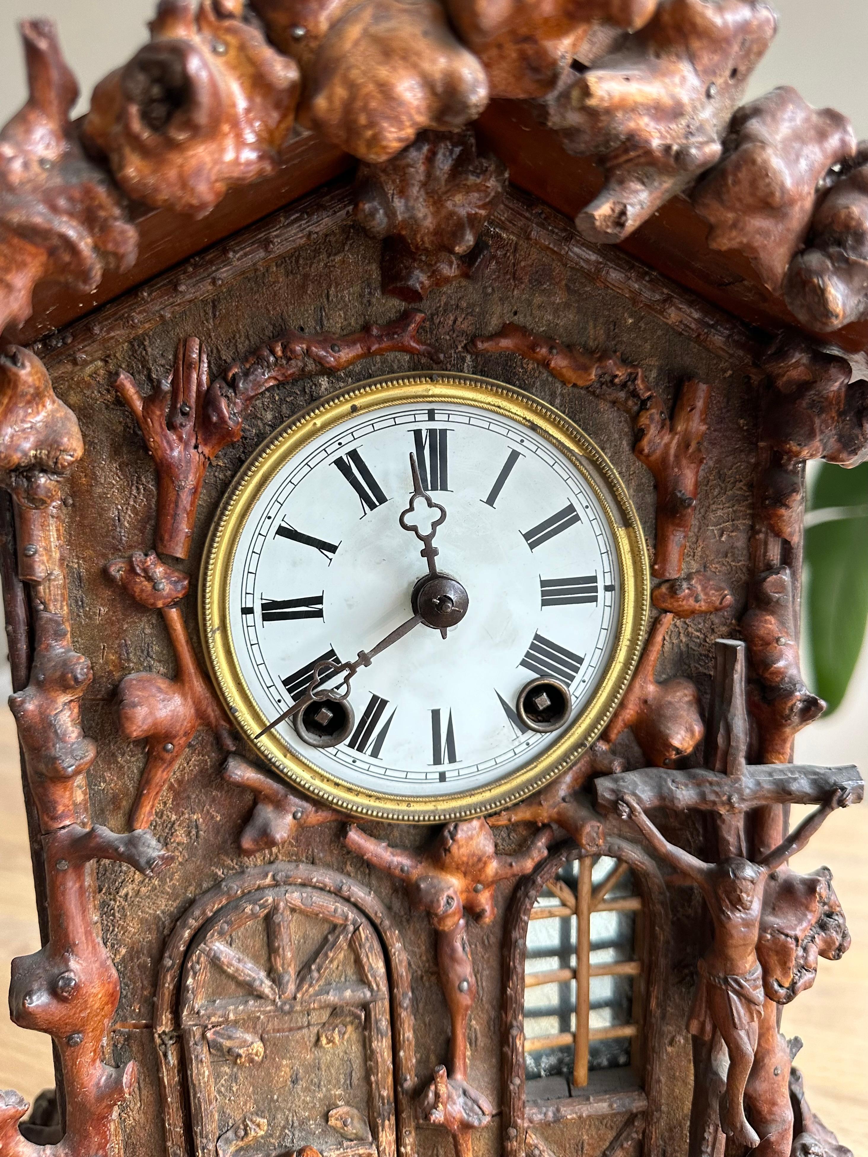 German Rare Folk Art Black Forest Root Wood Table Clock w. Bell Ringer Monk, Cuckoo St. For Sale