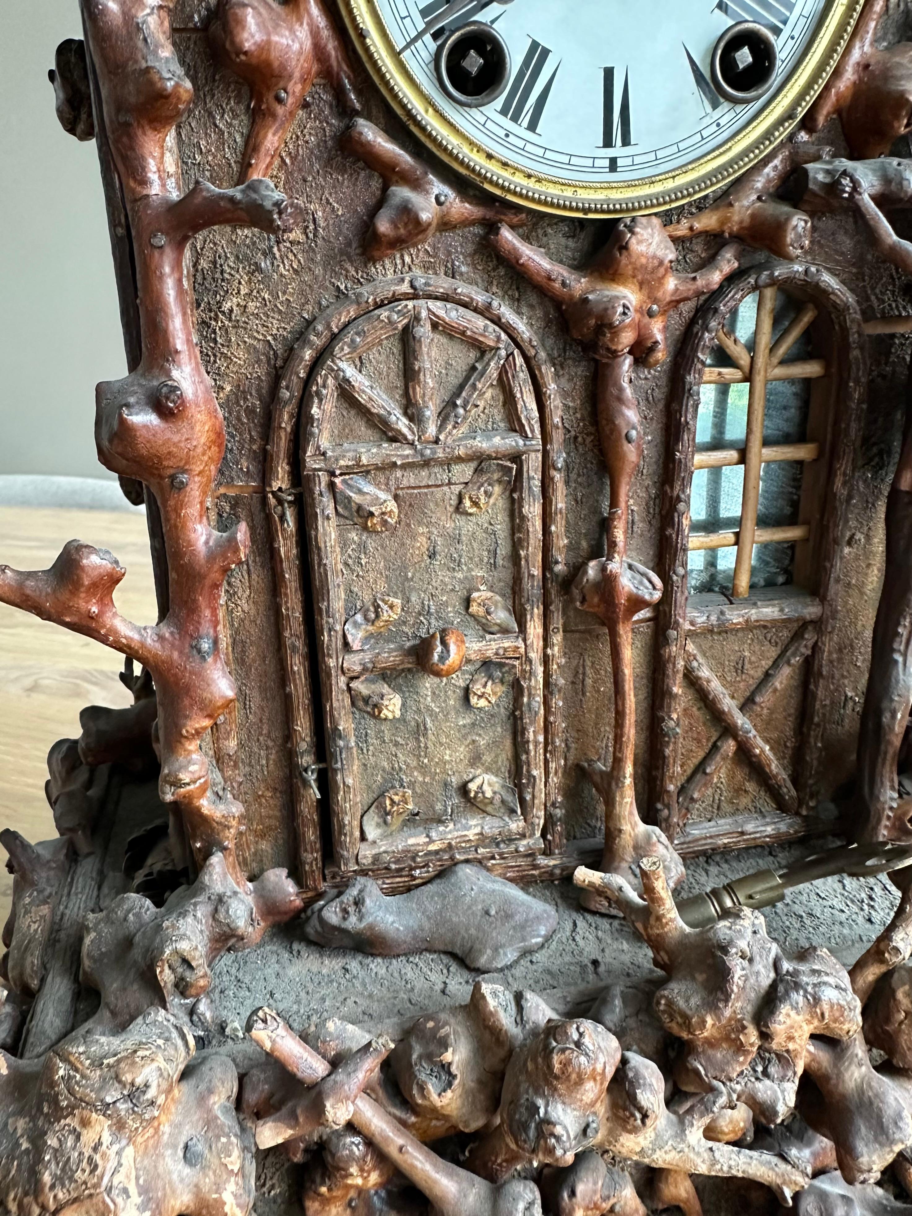 Gothic Revival Rare Folk Art Black Forest Root Wood Table Clock w. Bell Ringer Monk, Cuckoo St. For Sale