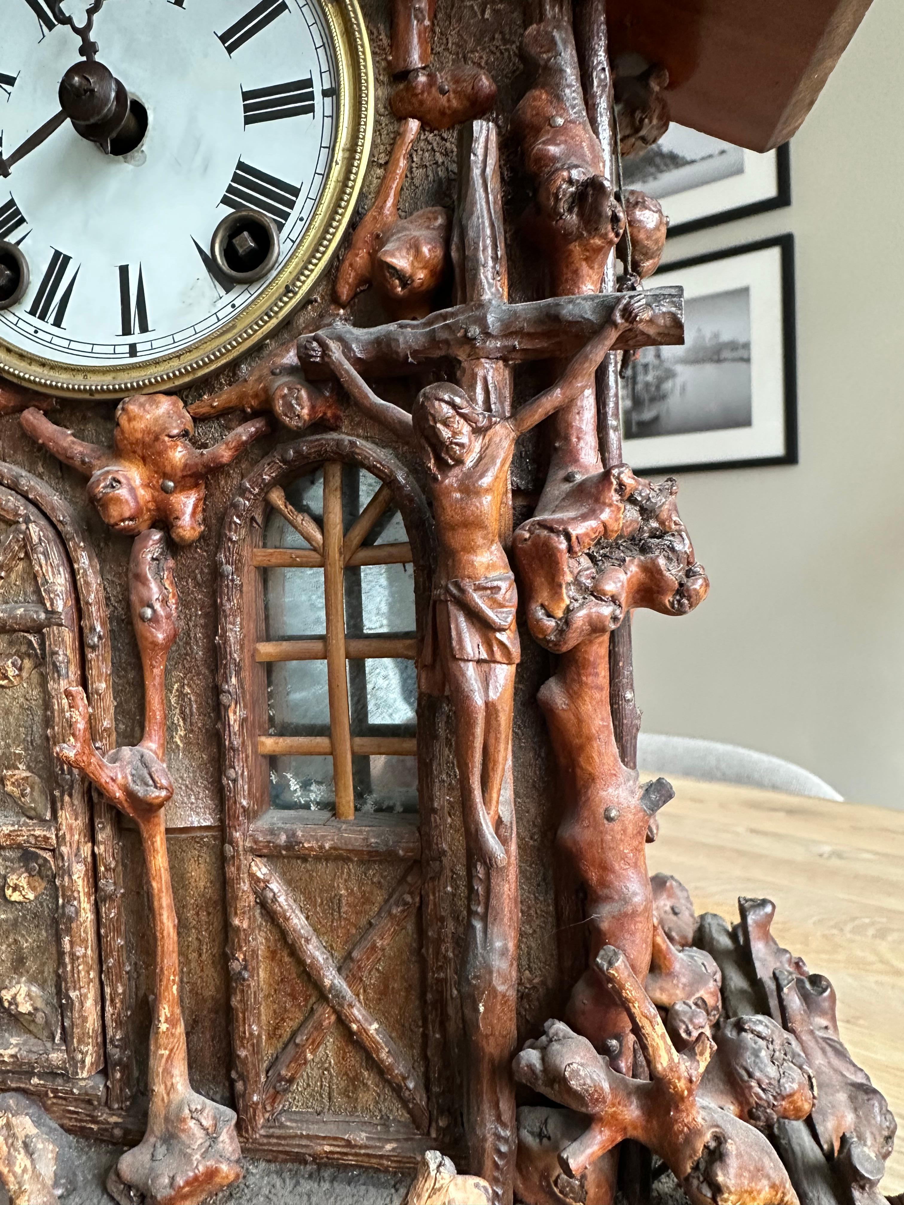 Hand-Carved Rare Folk Art Black Forest Root Wood Table Clock w. Bell Ringer Monk, Cuckoo St. For Sale