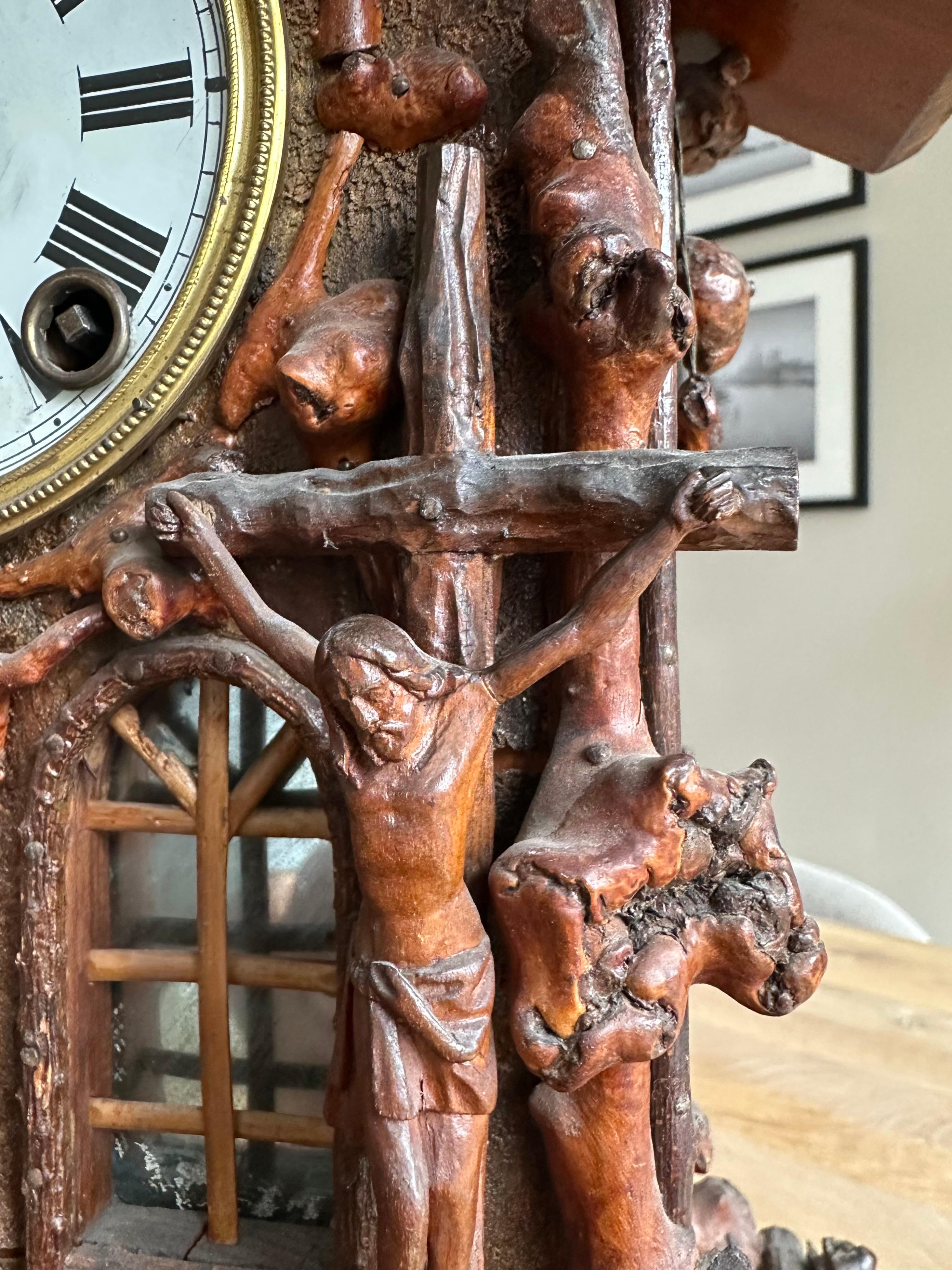 Brass Rare Folk Art Black Forest Root Wood Table Clock w. Bell Ringer Monk, Cuckoo St. For Sale