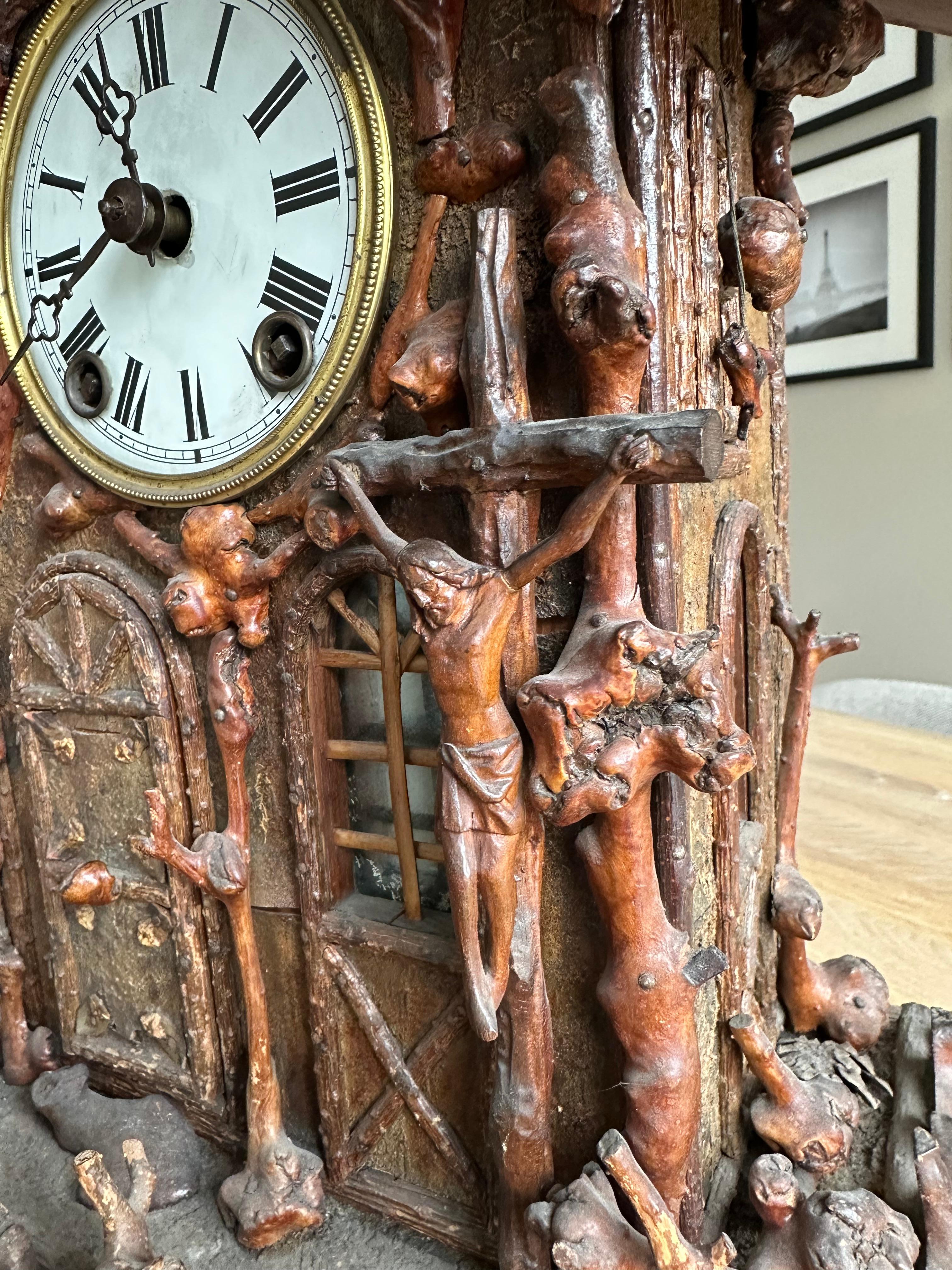 Rare Folk Art Black Forest Root Wood Table Clock w. Bell Ringer Monk, Cuckoo St. For Sale 2