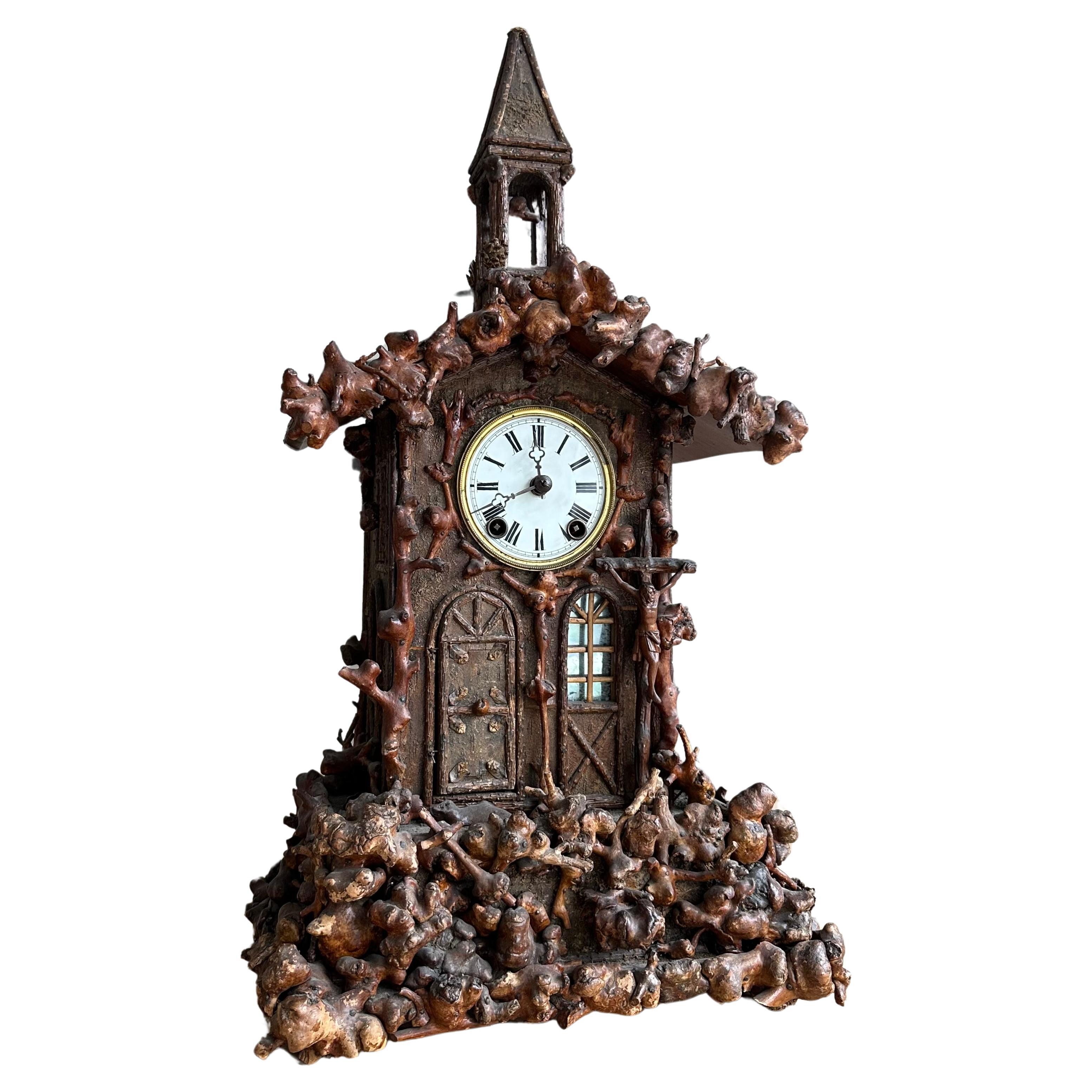 Rare Folk Art Black Forest Roots Wood Table Clock w. Ringer Monk, Cuckoo St. en vente