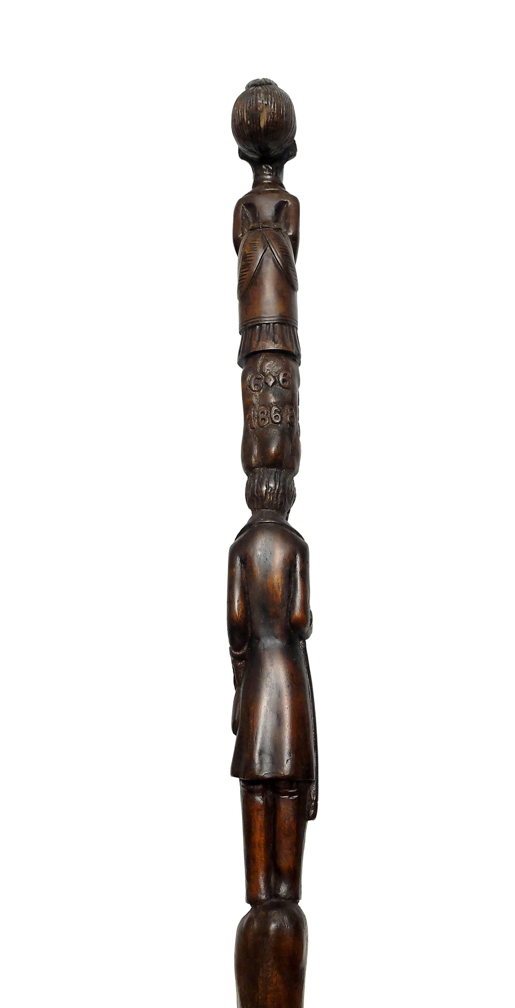 Mid-19th Century Rare Folk Art Walking Cane Related to a Marriage, England, 1868