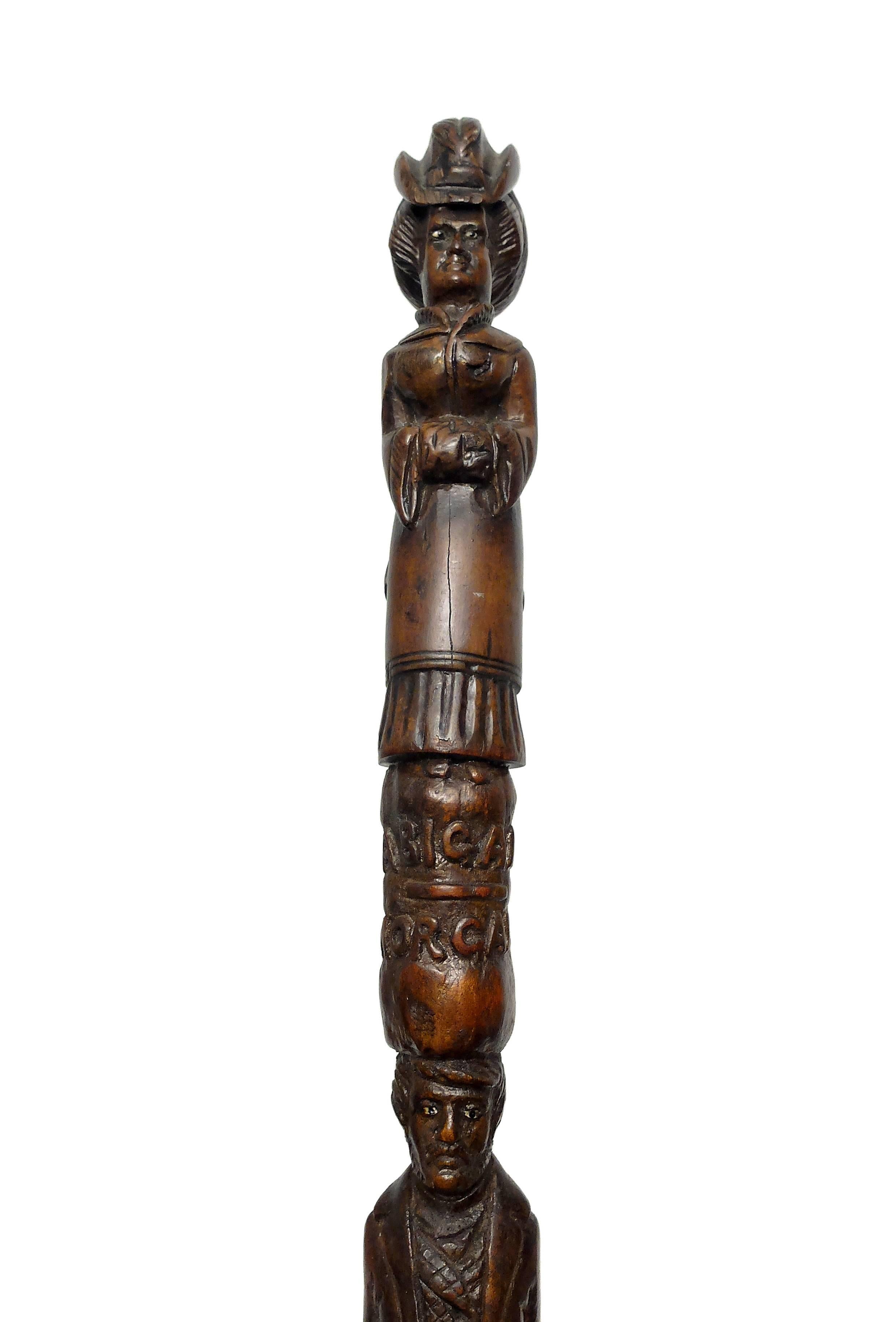 Wood Rare Folk Art Walking Cane Related to a Marriage, England, 1868