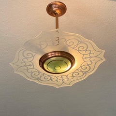 Rare Fontana Arte Etched Glass Copper Three-Light Chandelier, Italy, 1940s
