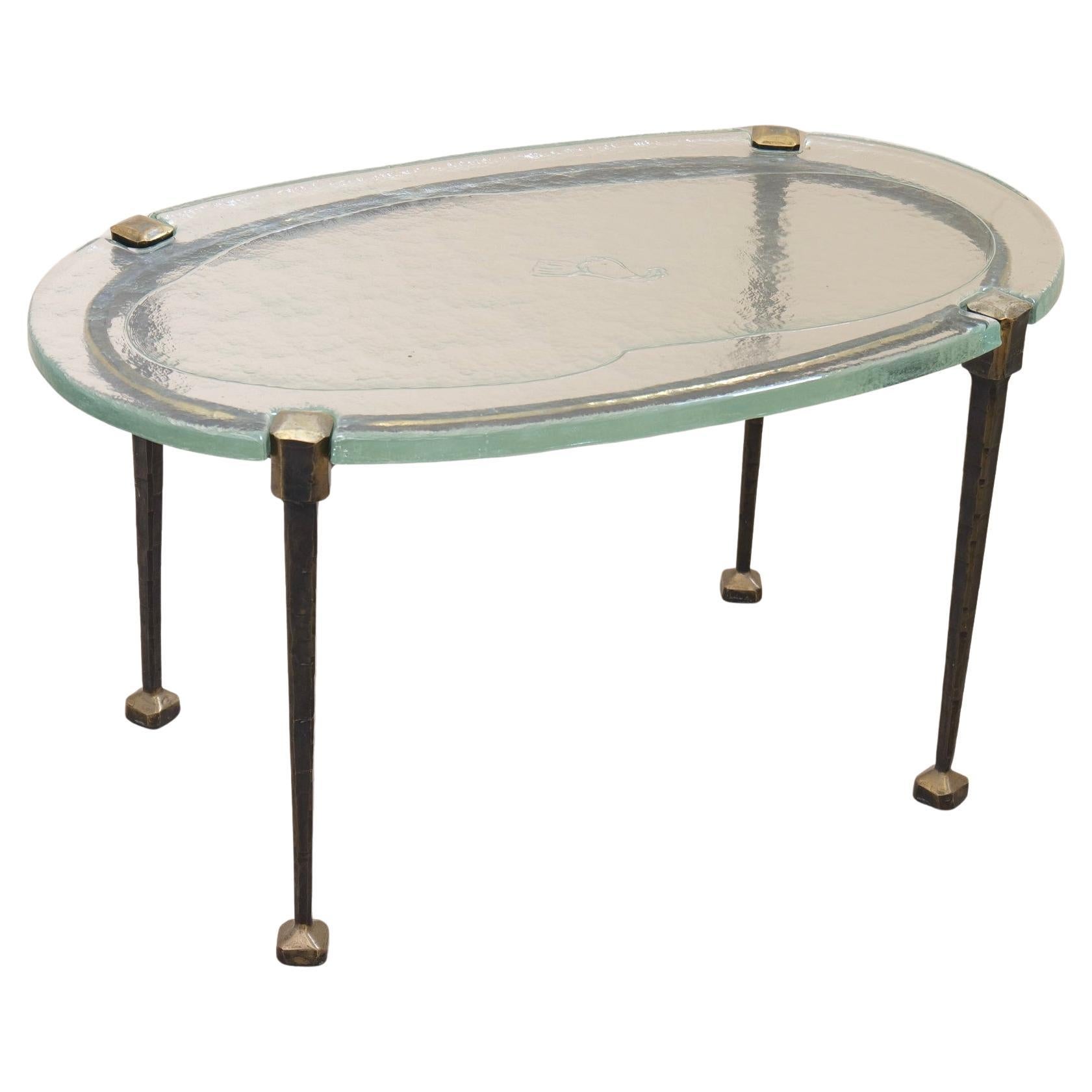 Seltener Couchtisch aus geschmiedeter Bronze und ovalem Glas von Lothar Klute