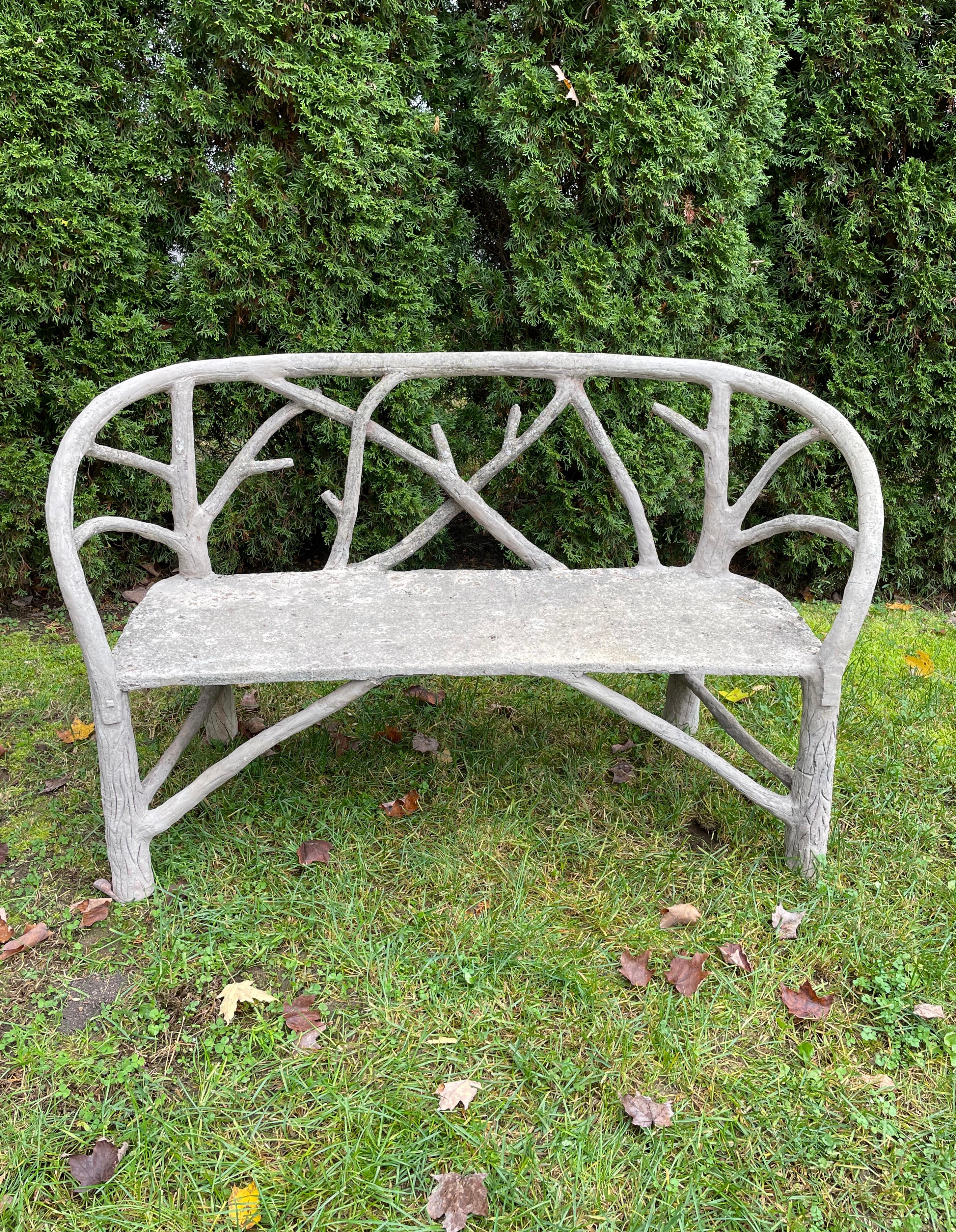 Hand-Crafted Rare Form French Faux Bois Bench For Sale