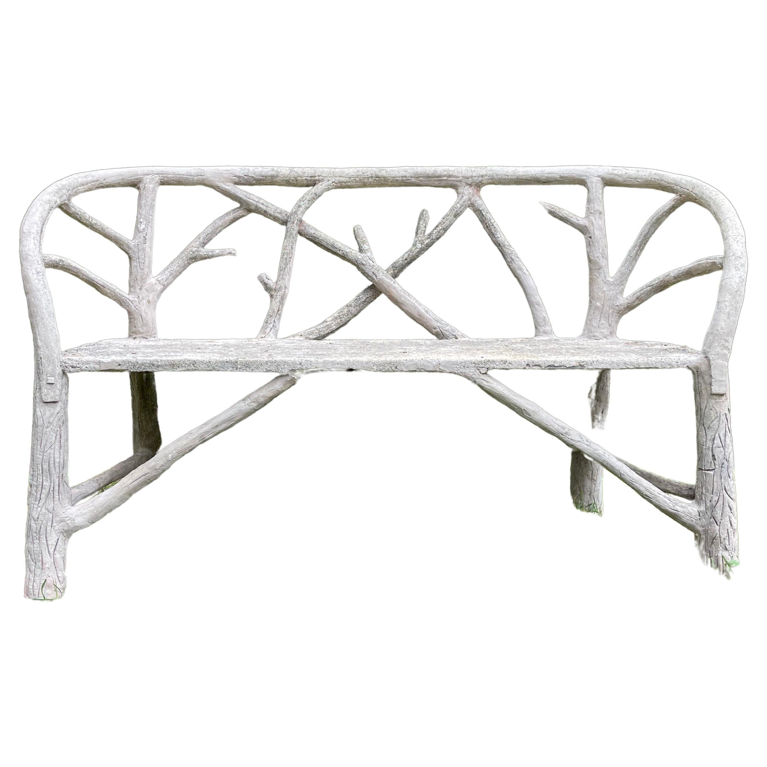 Rare Form French Faux Bois Bench For Sale