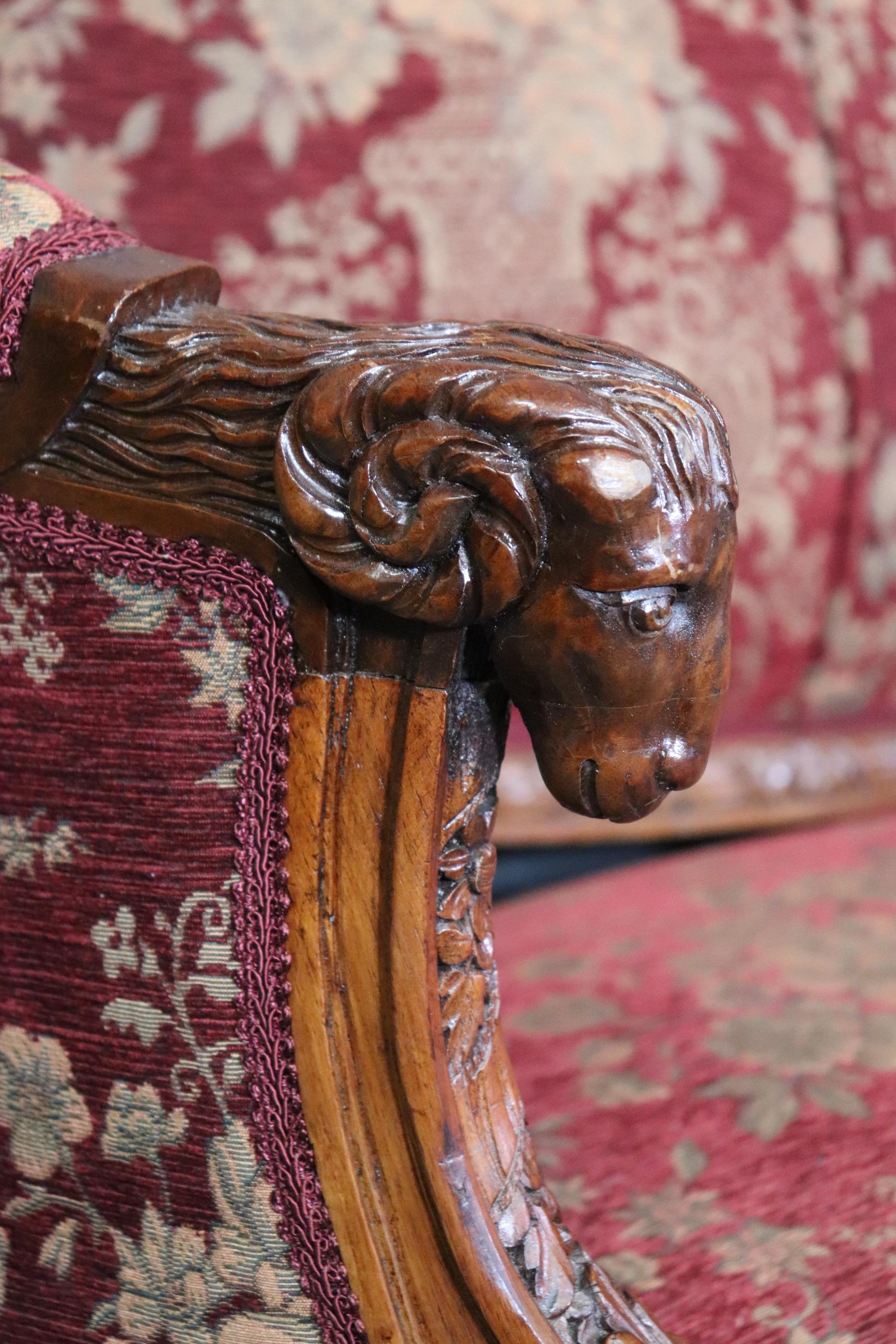 This is a gorgeous carved rams head French Louis XV sofa with kissing birds and rams heads. The settee measures 77 wide x 38.5 tall x 15.75 deep with a seat height of 15.75 tall. Dates to the 1920s and is in good condition. 




We can help with