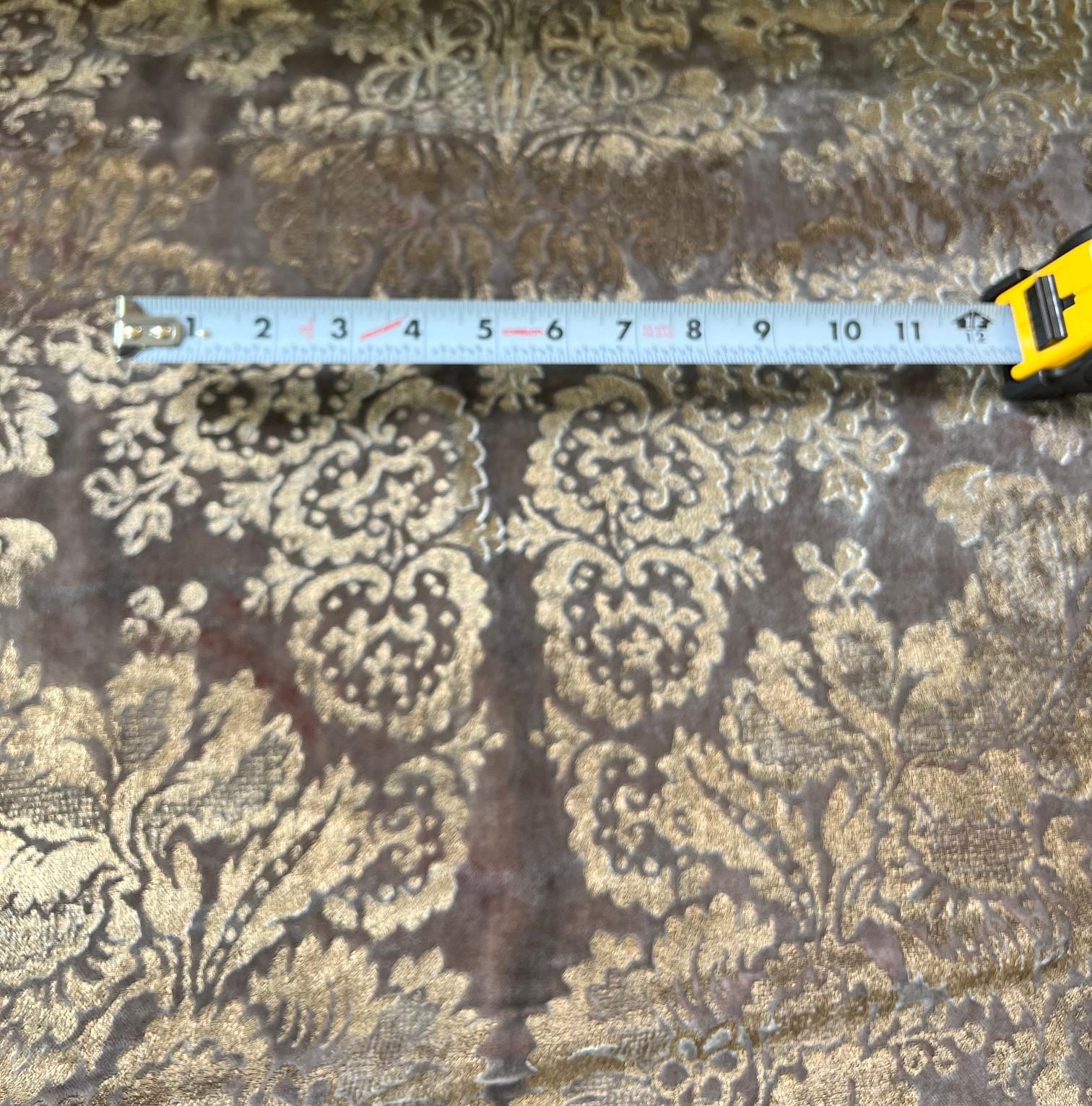 Hand dyed and stamped Fortuny silk velvet fabric in warm french brown and pigmented gold. This is a truly magnificent hand stamped velvet damask fabric. This fabric is hand made using hand dyed velvet for the base cloth and wooden blocks silk