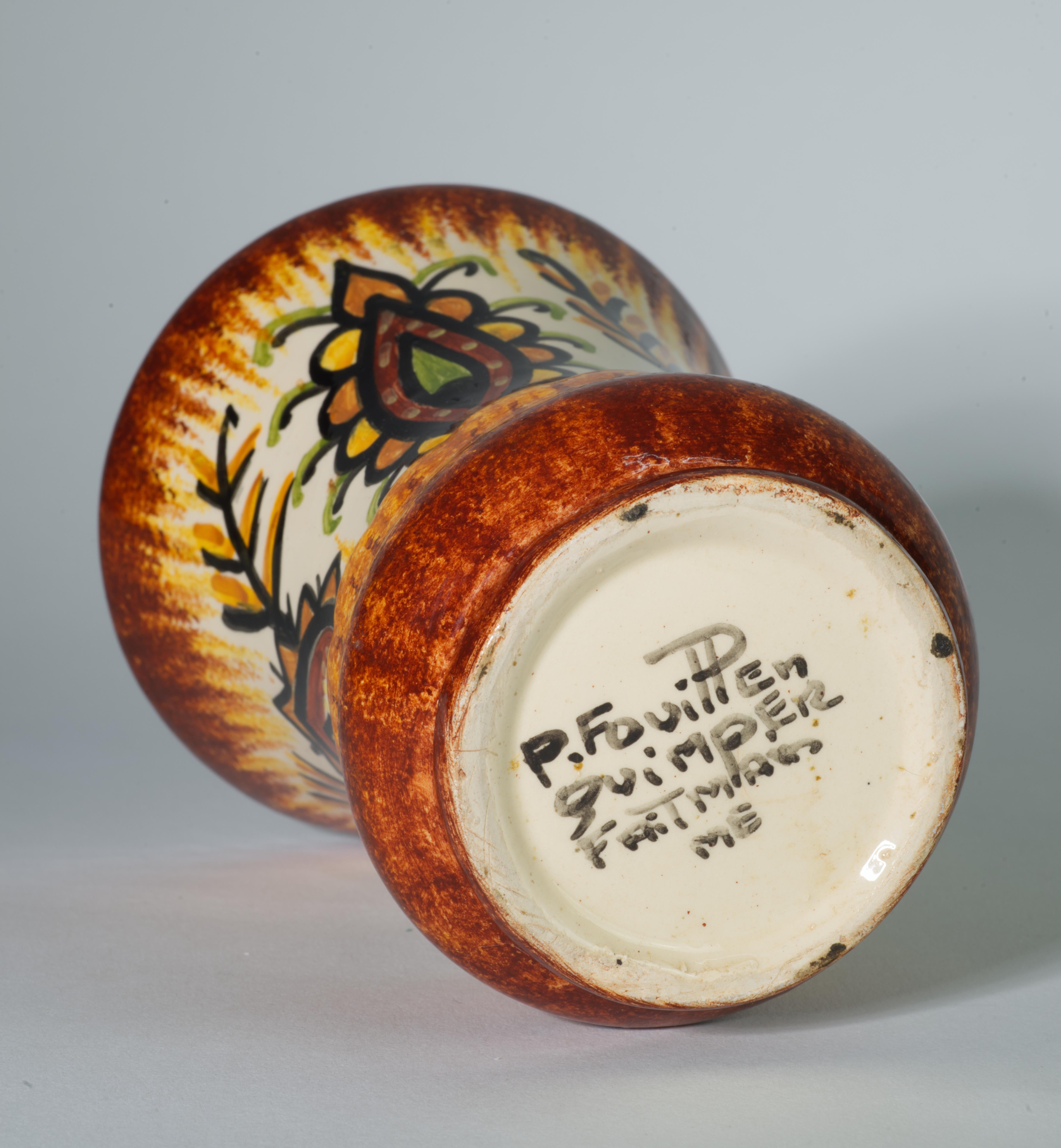 Organic Modern Rare Fouillen Quimper France Faience Vase, Hand Painted, 1930-1950 For Sale