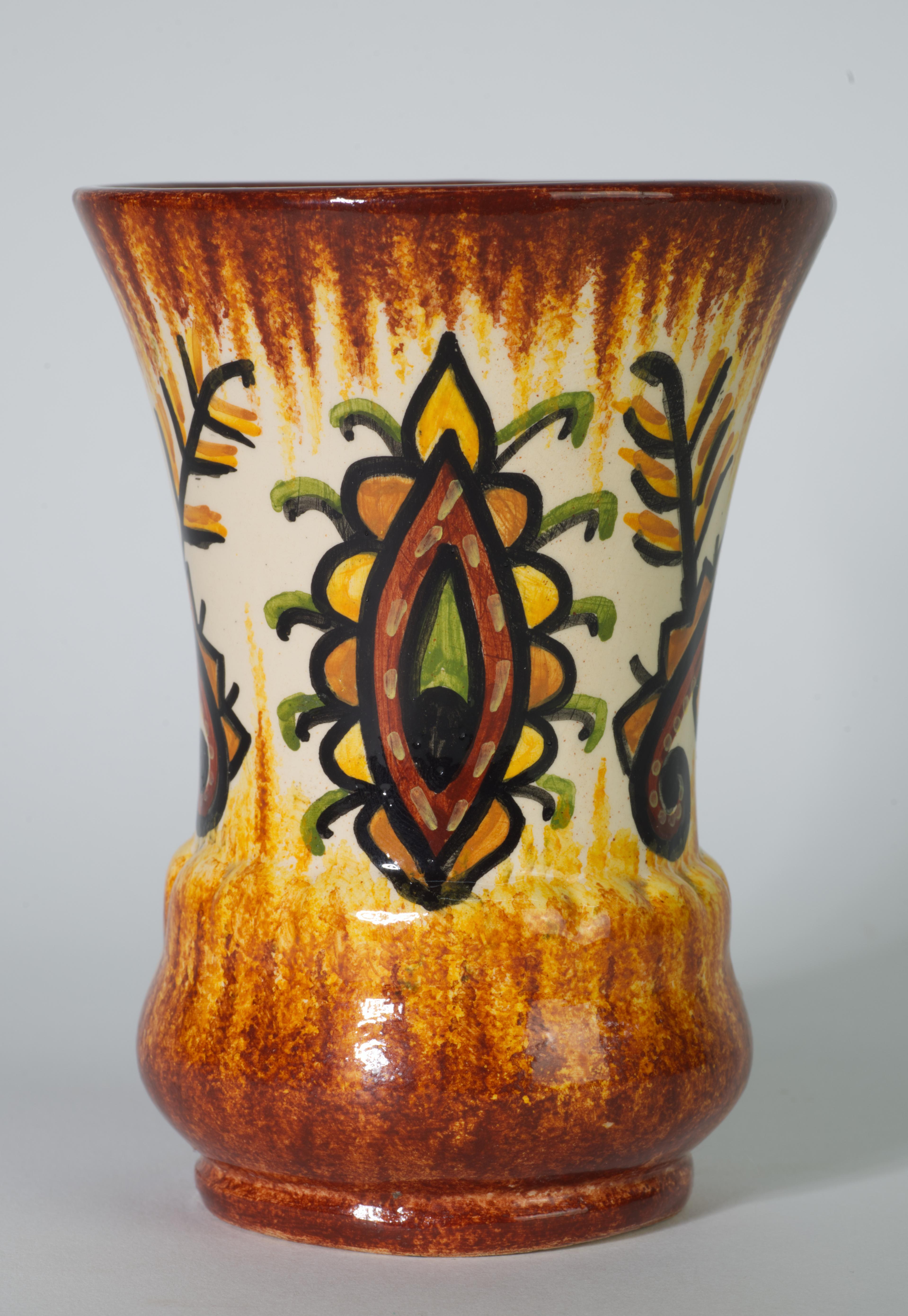 French Rare Fouillen Quimper France Faience Vase, Hand Painted, 1930-1950 For Sale