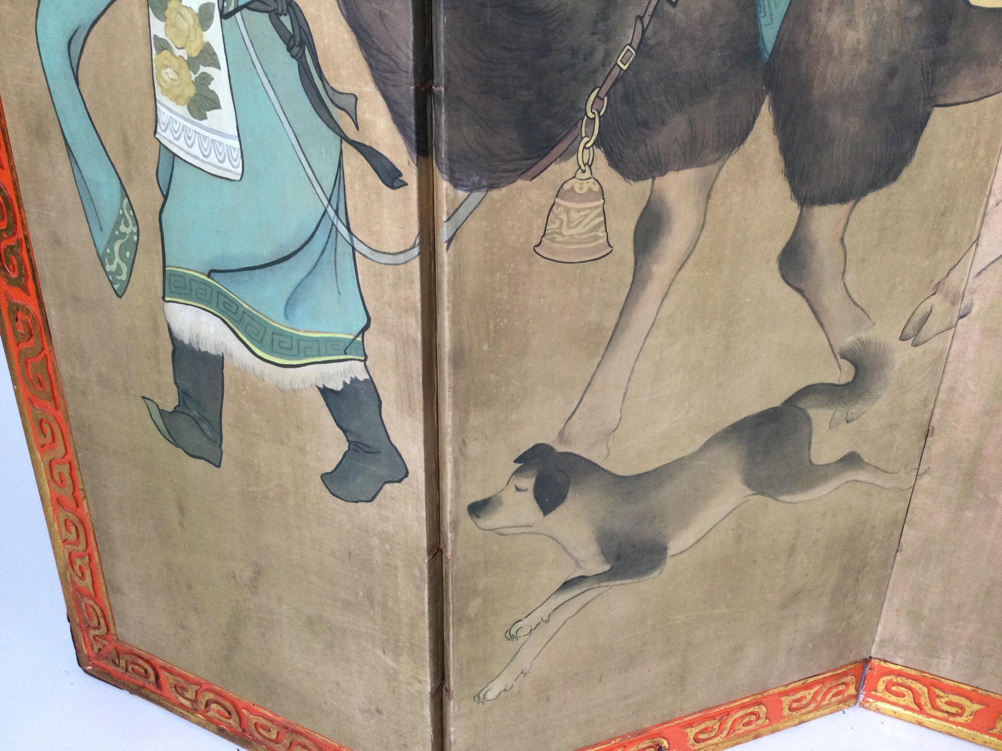Hand-Painted Rare Four Panel Screen with Hand Painted Camels and Sherpas For Sale
