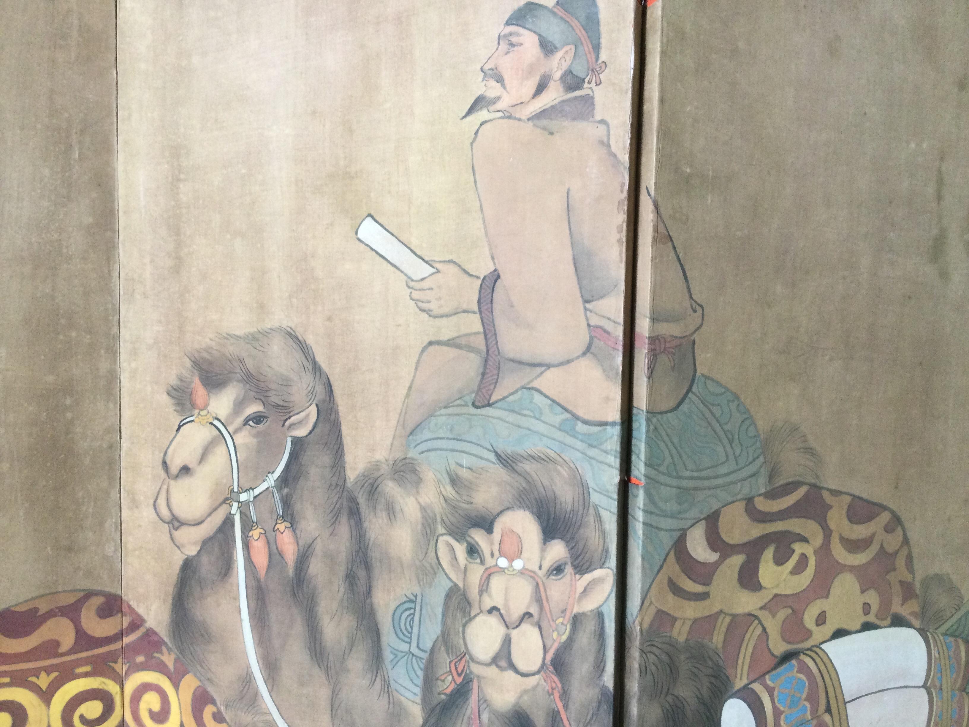 Early 20th Century Rare Four Panel Screen with Hand Painted Camels and Sherpas For Sale