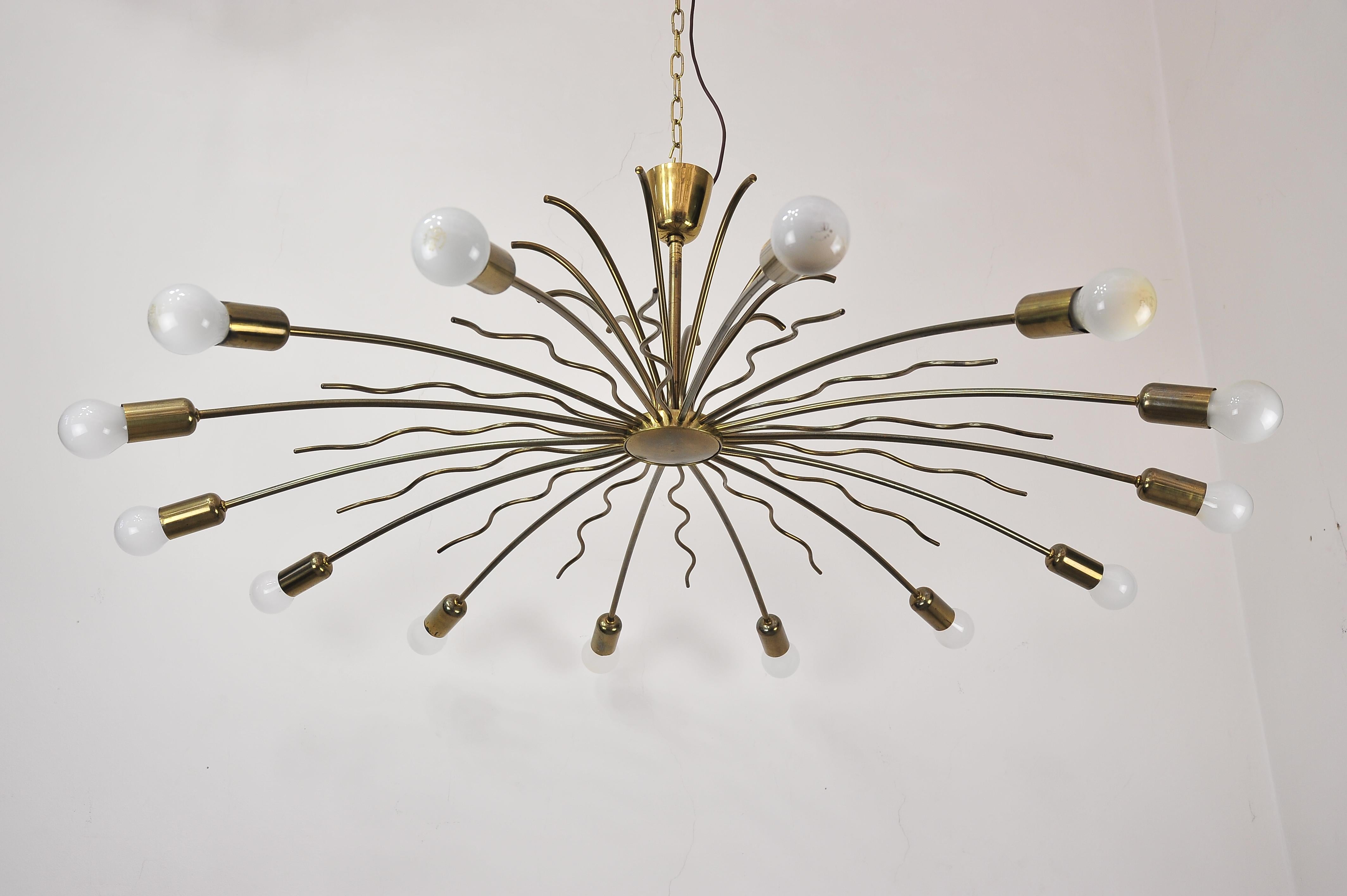 Mid-Century Modern Rare Fourteen-Arm Huge Brass Crystal Chandelier, 1950s, Attributed to Lobmeyr For Sale