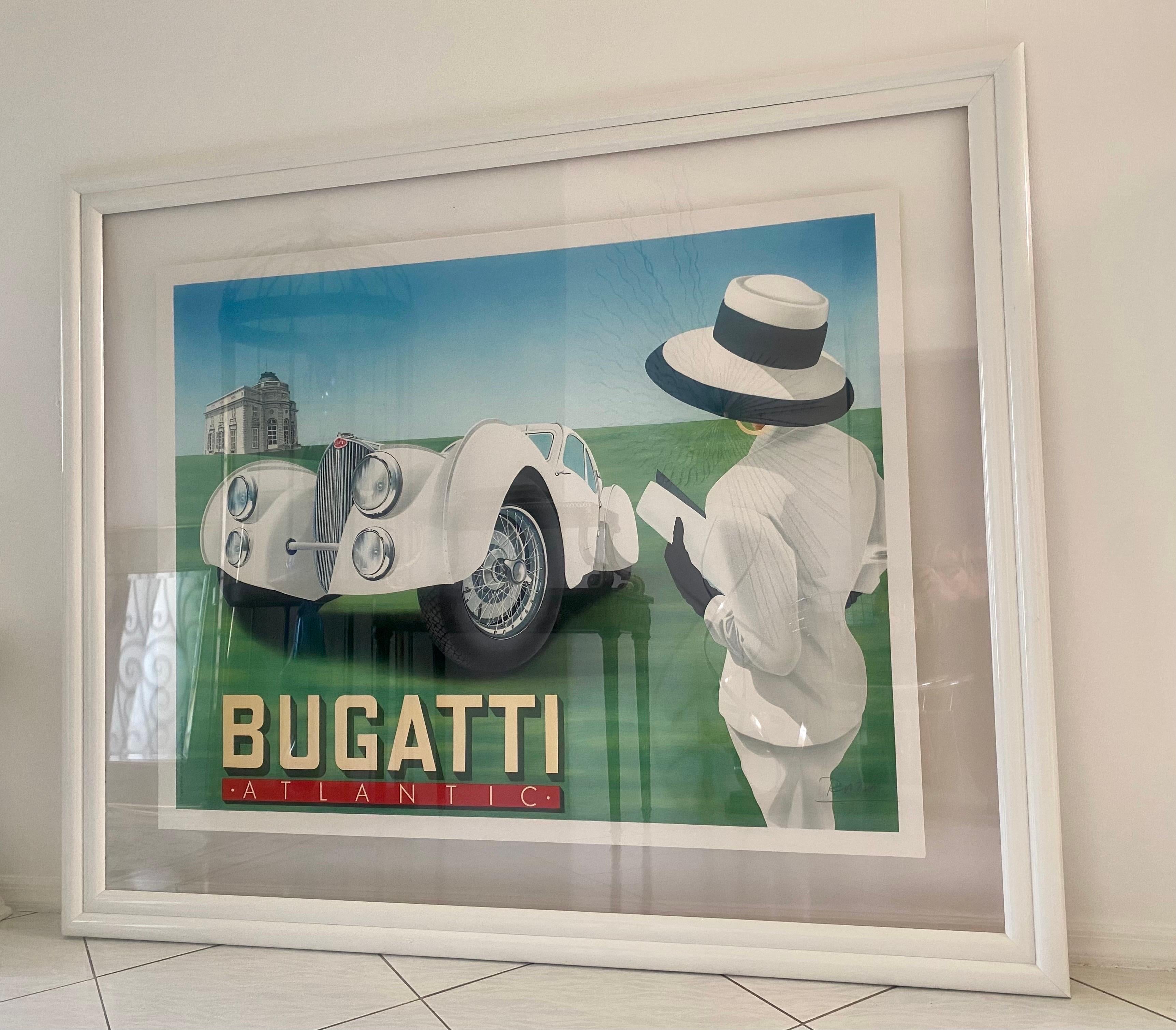 20th Century Rare Framed and Hand Signed Razzia Bugatti Atlantic Poster For Sale