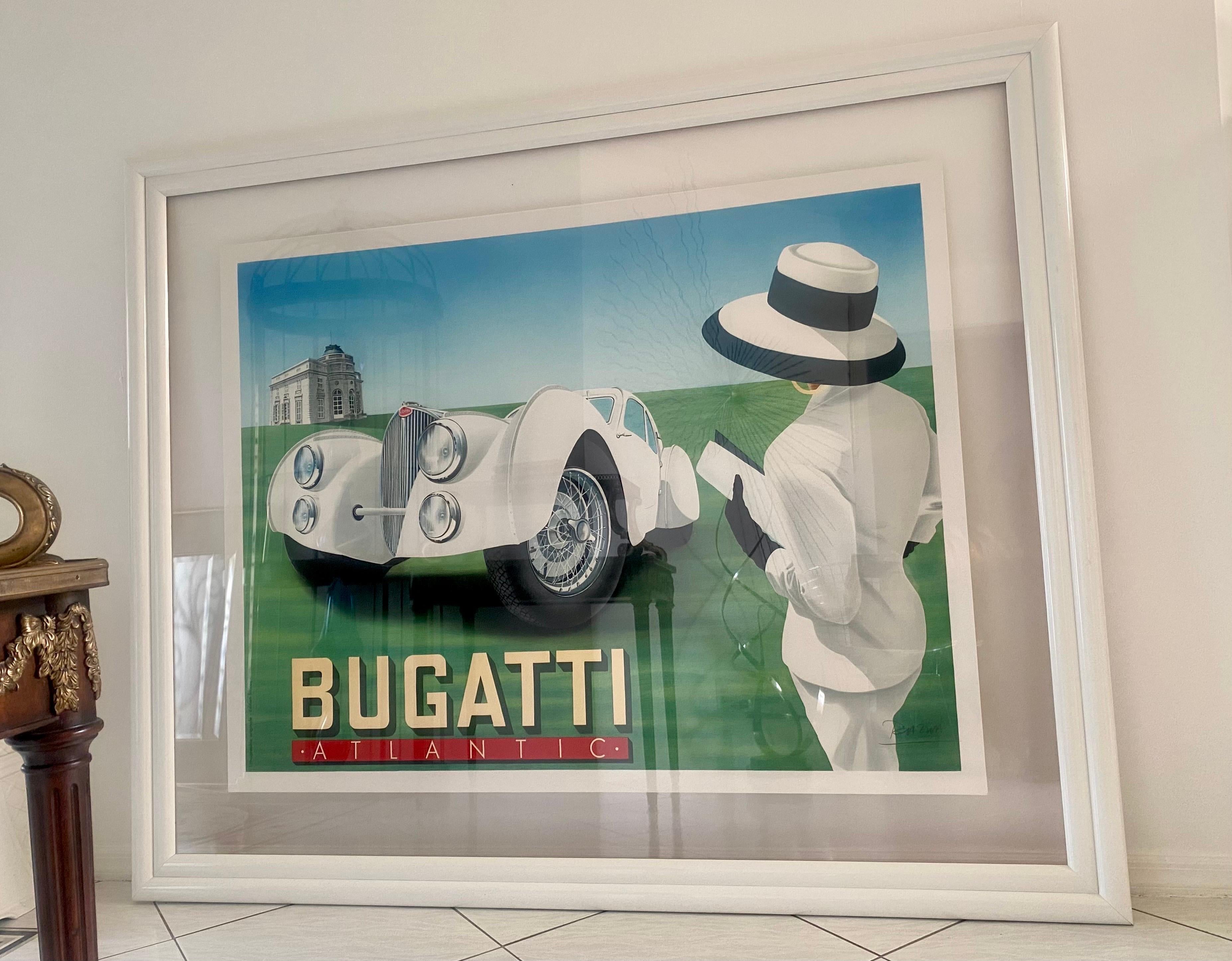 French Rare Framed and Hand Signed Razzia Bugatti Atlantic Poster For Sale