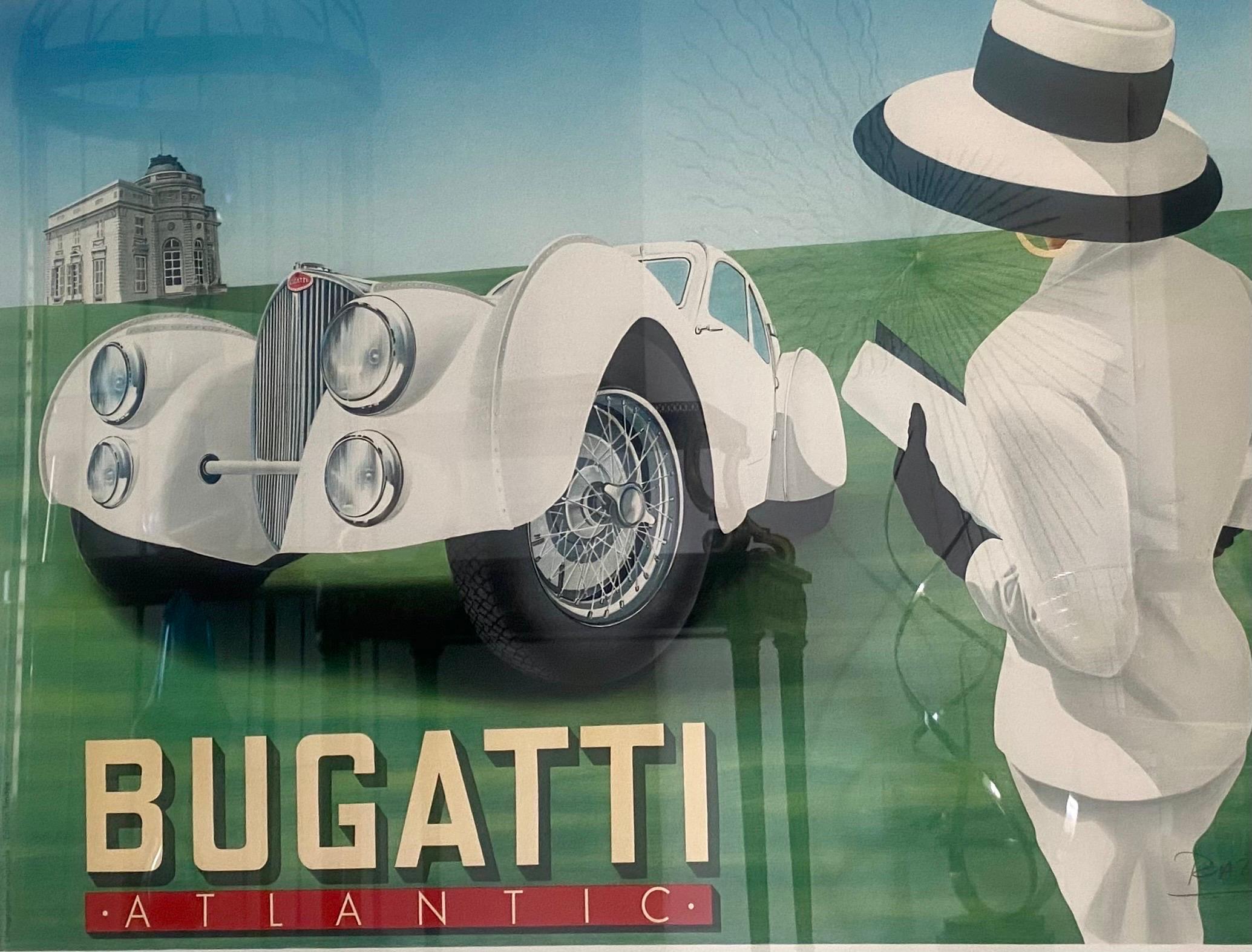 Lacquered Rare Framed and Hand Signed Razzia Bugatti Atlantic Poster For Sale