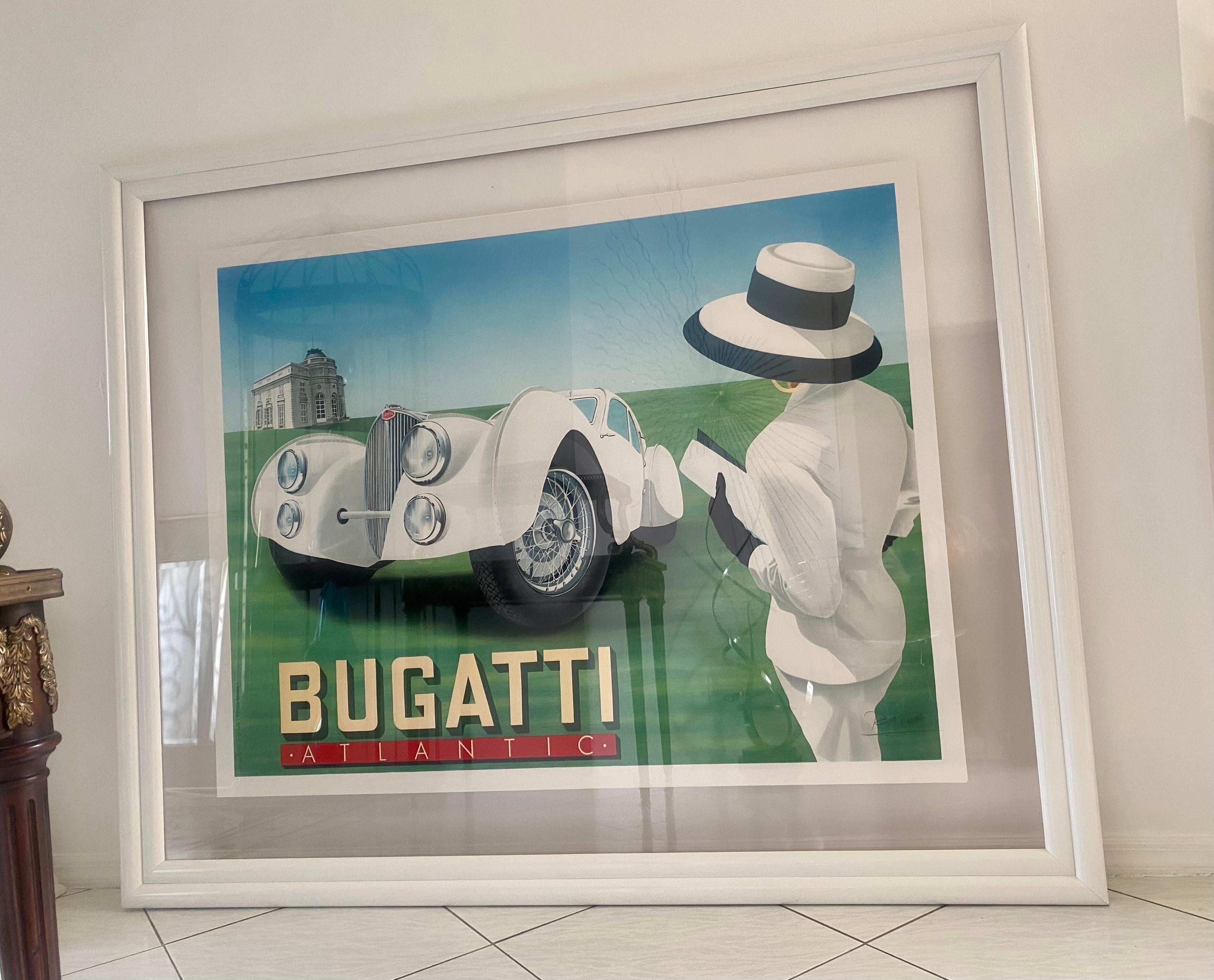 Rare Framed and Hand Signed Razzia Bugatti Atlantic Poster In Good Condition For Sale In Miami, FL
