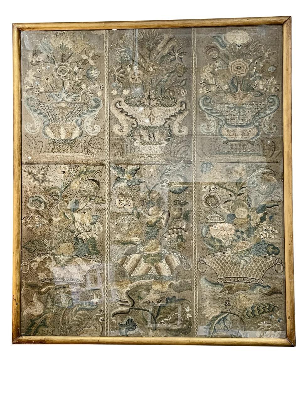 Rare Framed Six Panel Early Embroidery, 17th-18th C. In Good Condition In Charlottesville, VA