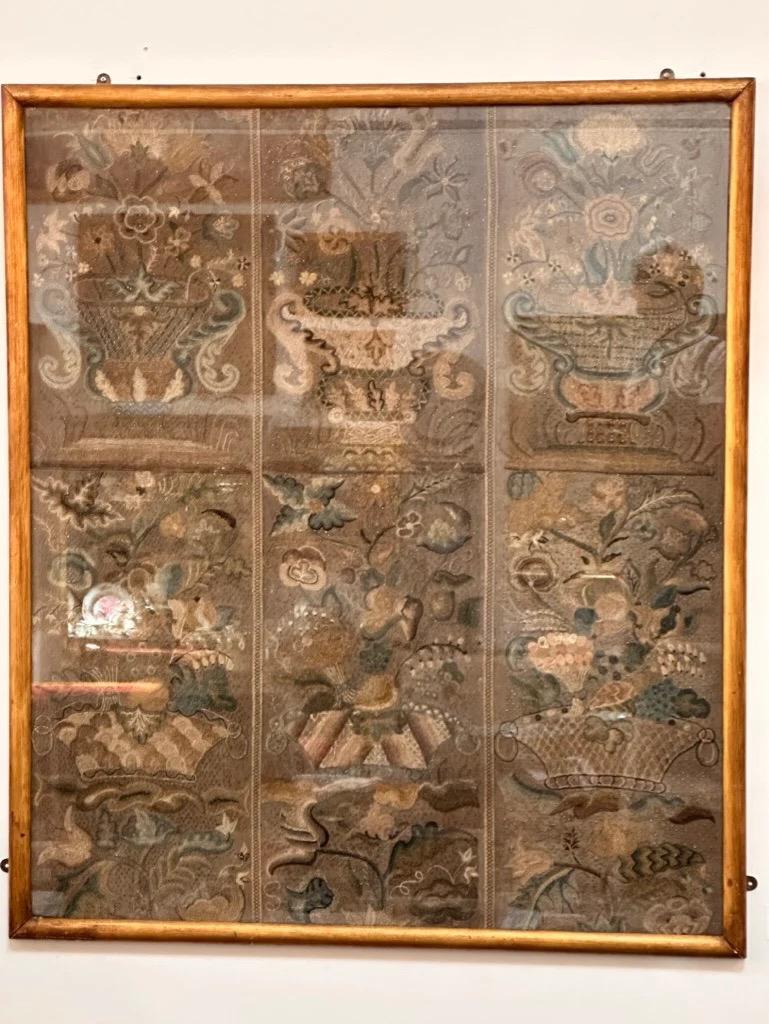 18th Century and Earlier Rare Framed Six Panel Early Embroidery, 17th-18th C.