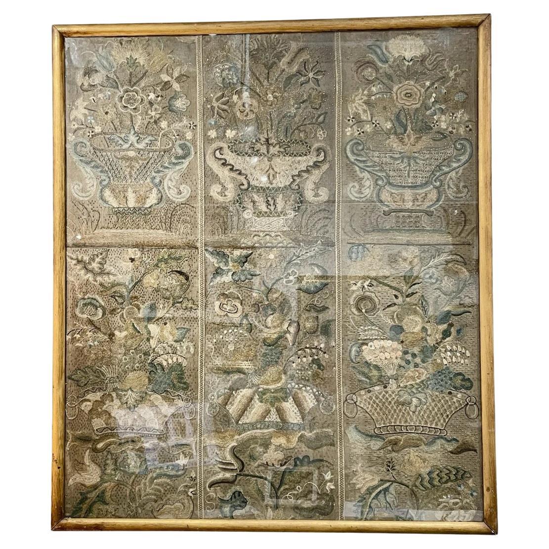 Rare Framed Six Panel Early Embroidery, 17th-18th C.