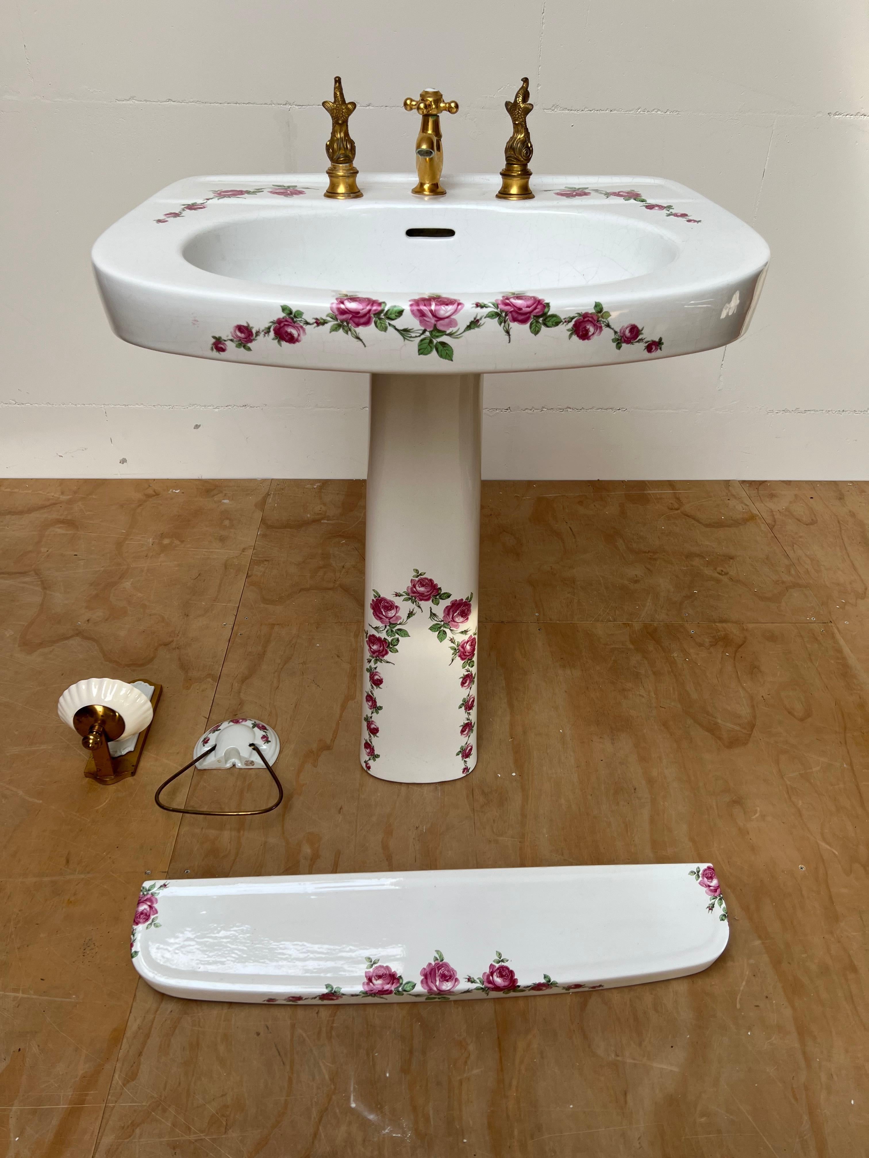 Highly decorative porcelain bathroom set with stunning roses pattern, by one of Europe's finest.

Over the years we have sold very few porcelain Limoges pieces and that is simply because these high value items don't find there way to the open market