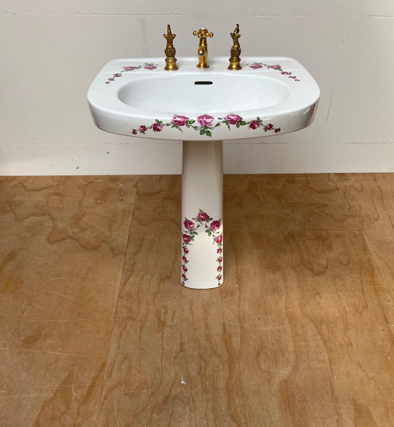 Cast Rare France Limoges Porcelain & Bronze Bathroom Set Washbasin Mirror Pendant Etc For Sale