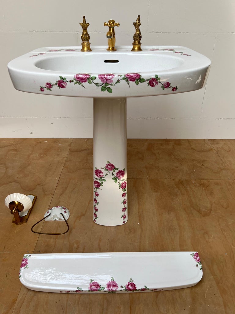 Rare France Limoges Porcelain & Bronze Bathroom Set Washbasin Mirror Pendant Etc For Sale 1