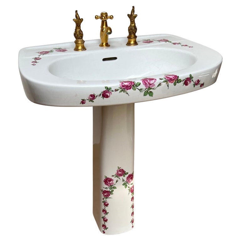 Rare France Limoges Porcelain & Bronze Bathroom Set Washbasin Mirror Pendant Etc For Sale