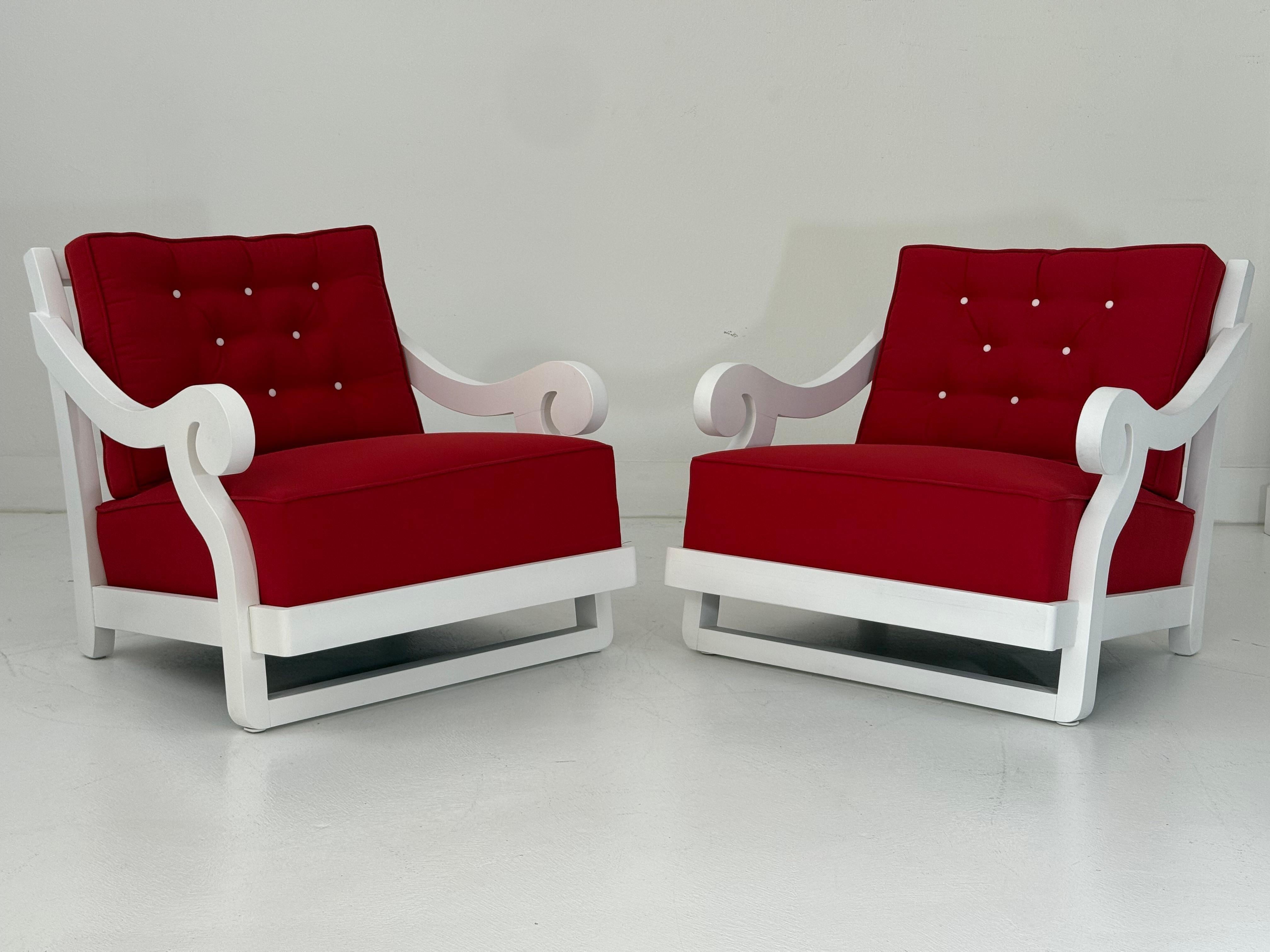 A rare and documented pair of lounge chairs by legendary designer Frances Elkins, created circa 1946 for the Pebble Beach estate of George L. Coleman Jr. These striking chairs reflect Elkins’ iconic design vocabulary—an elegant fusion of