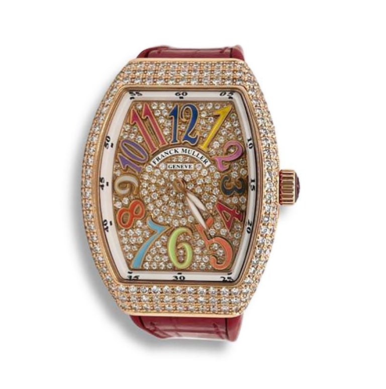 Brand: Franck Muller

Collection: Vanguard

Movement: Two-hand quartz movement

Case Size: 32 mm

Case Material: 18k Rose Gold Hardware

Dial + Bezel: Allover white diamond pave at dial and bezel

Indices: Graduating, rainbow Arabic numeral