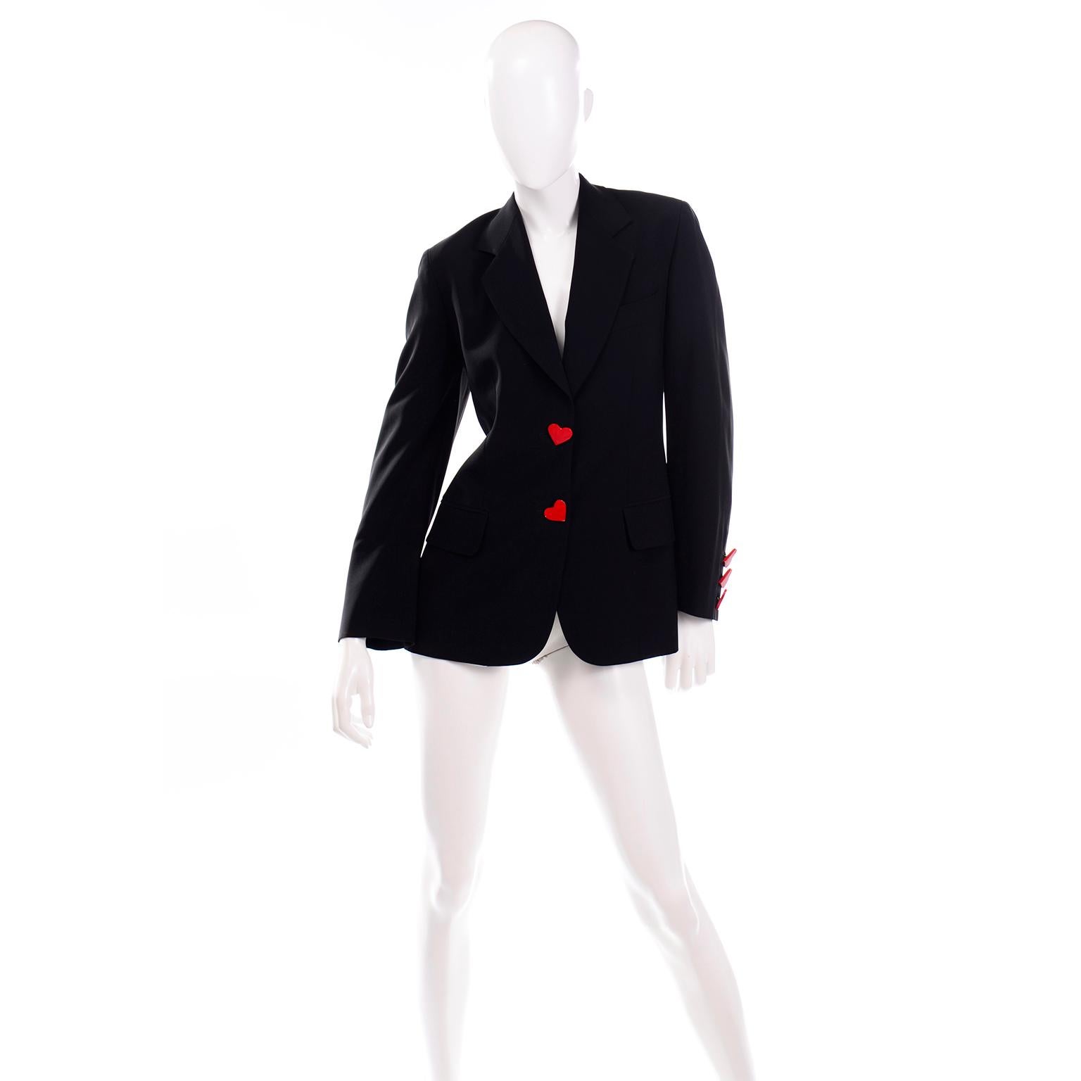 This is a rare, important vintage Franco Moschino Couture! Juvant Ace of Hearts Playing Card Blazer with red wooden heart buttons. This jacket was produced in 1993 among a select group of Franco Moschino's most important Couture pieces under the