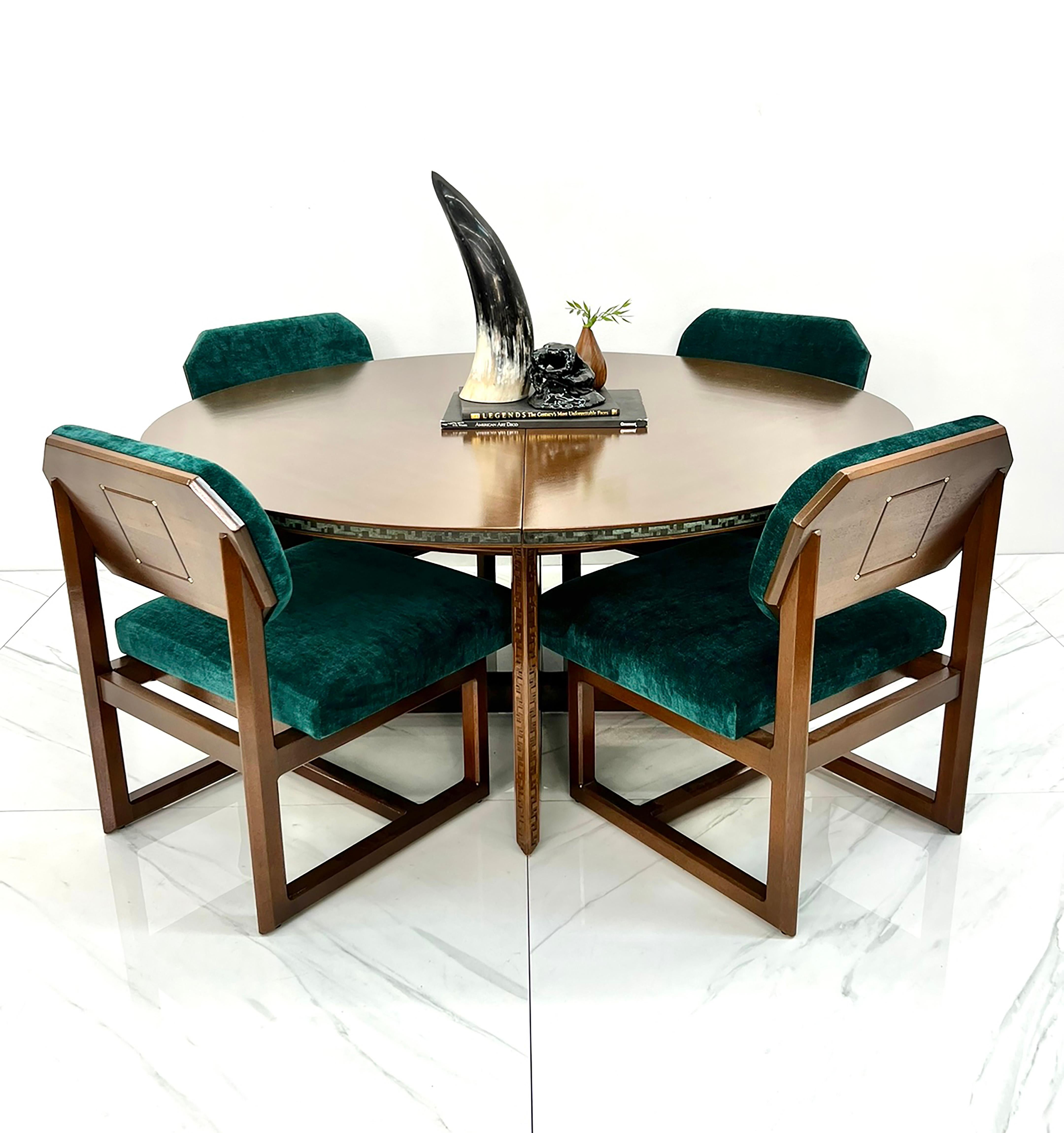 Mid-Century Modern Rare Frank Lloyd Heritage Henredon Dining Set W/ Leaf, Mahogany, Copper & Velvet