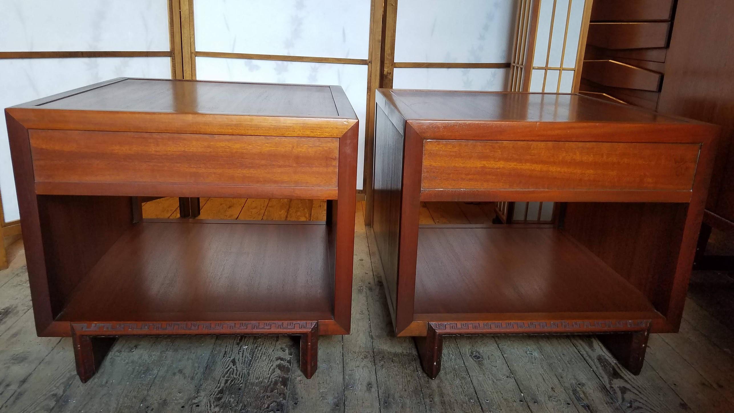 American Rare Frank Lloyd Wright Pair of Mahogany End Tables/ Nightstands, Henredon, 1955