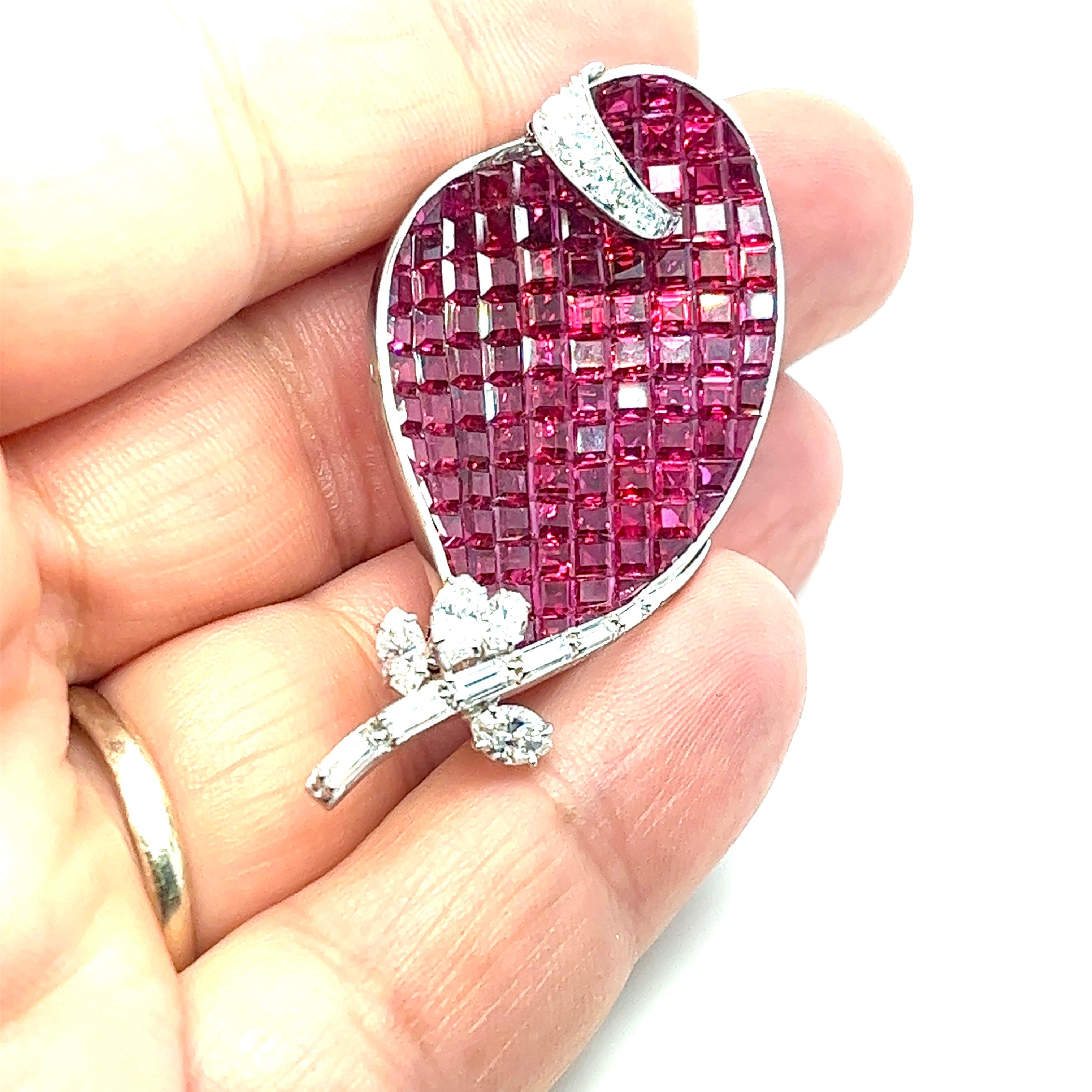Women's or Men's Rare FRED PARIS Mystery Ruby & Diamond Set Leaf Pin Pendant, France 18kt  For Sale