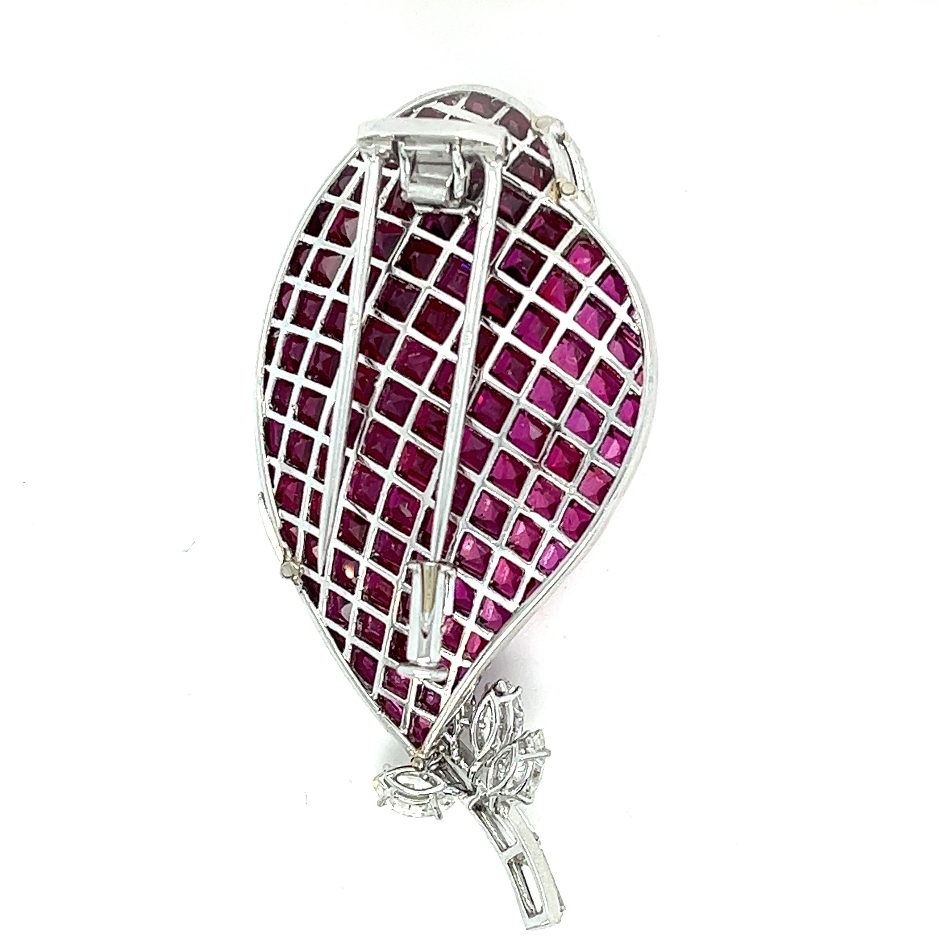 Rare FRED PARIS Mystery Ruby & Diamond Set Leaf Pin Pendant, France 18kt  For Sale 1