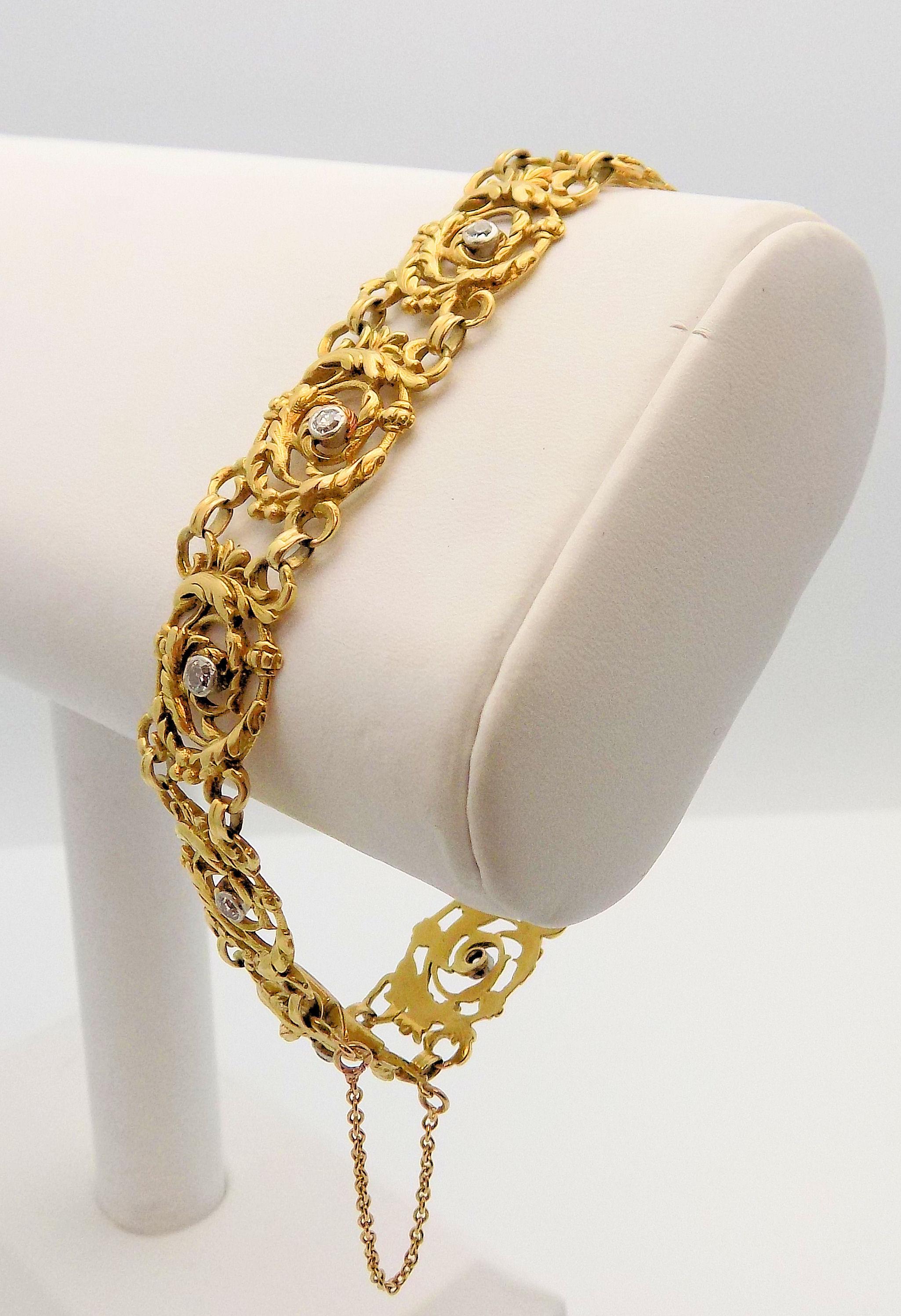 Baroque Rare French 18 Karat Yellow Gold and Platinum Rococo Style Diamond Bracelet For Sale