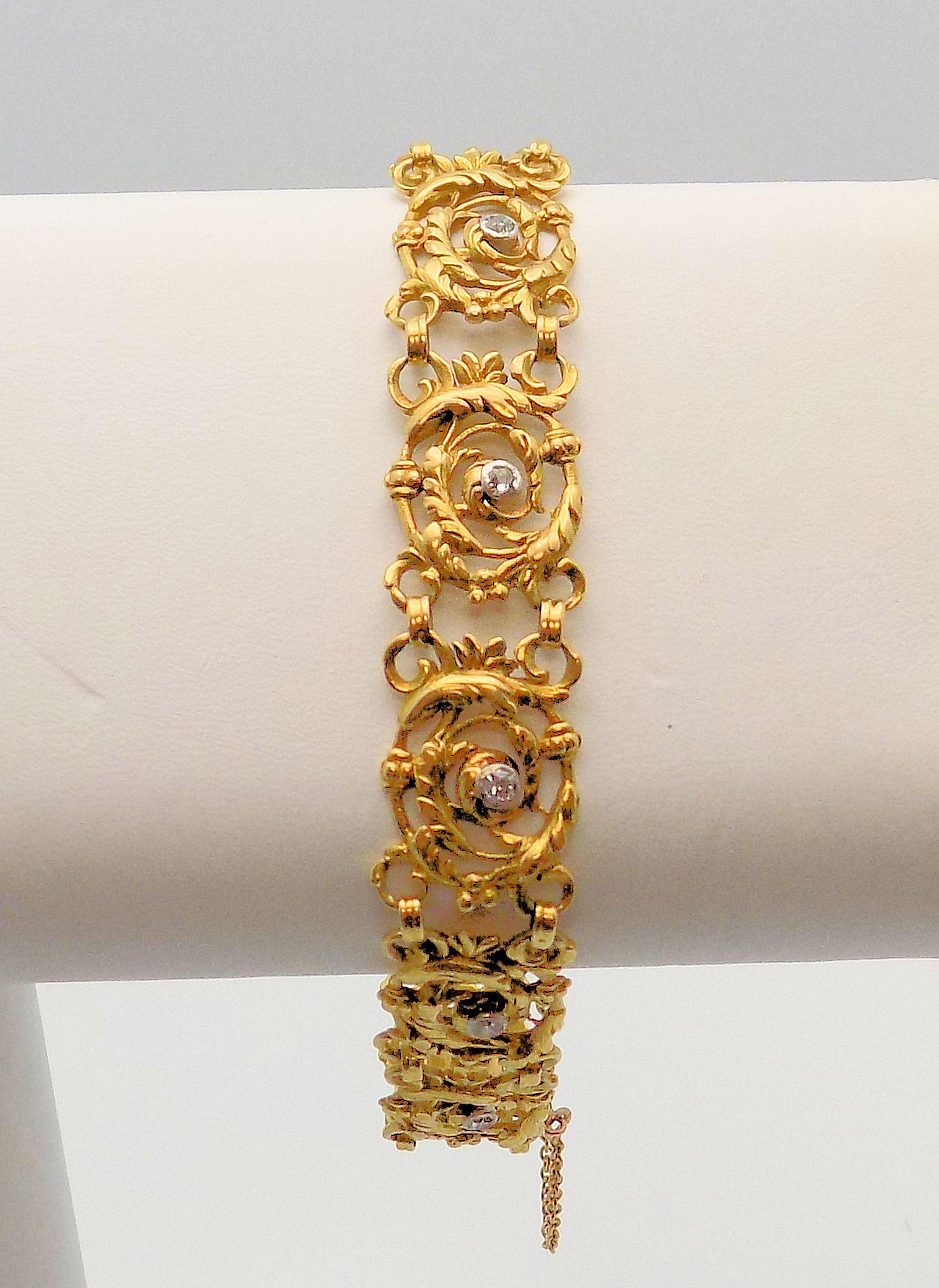 Old Mine Cut Rare French 18 Karat Yellow Gold and Platinum Rococo Style Diamond Bracelet For Sale