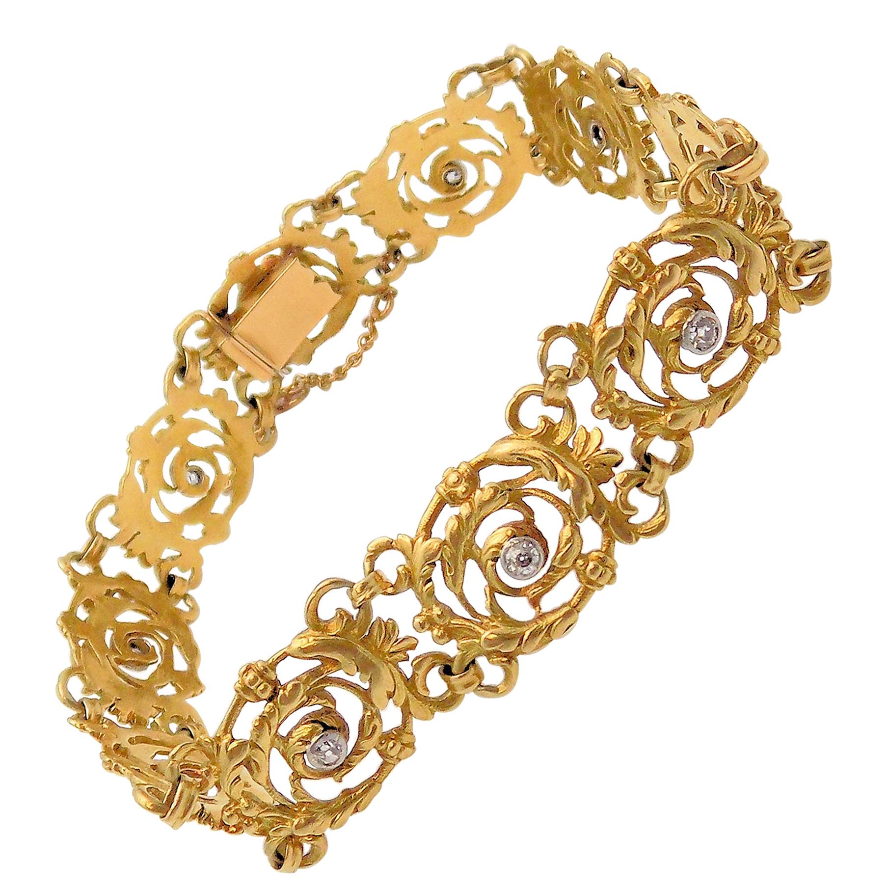 Rare French 18 Karat Yellow Gold and Platinum Rococo Style Diamond Bracelet For Sale