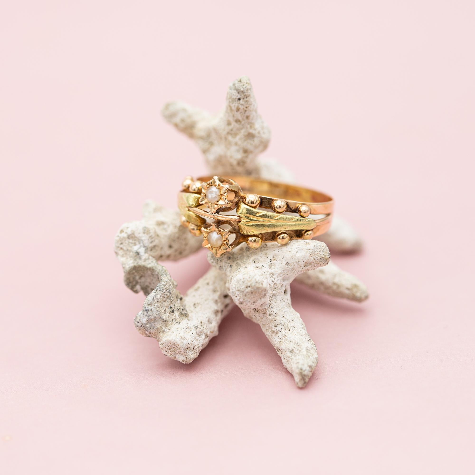 Art Deco Rare French 18k gold antique flower ring - Napoleon III - Victorian pearl jewel