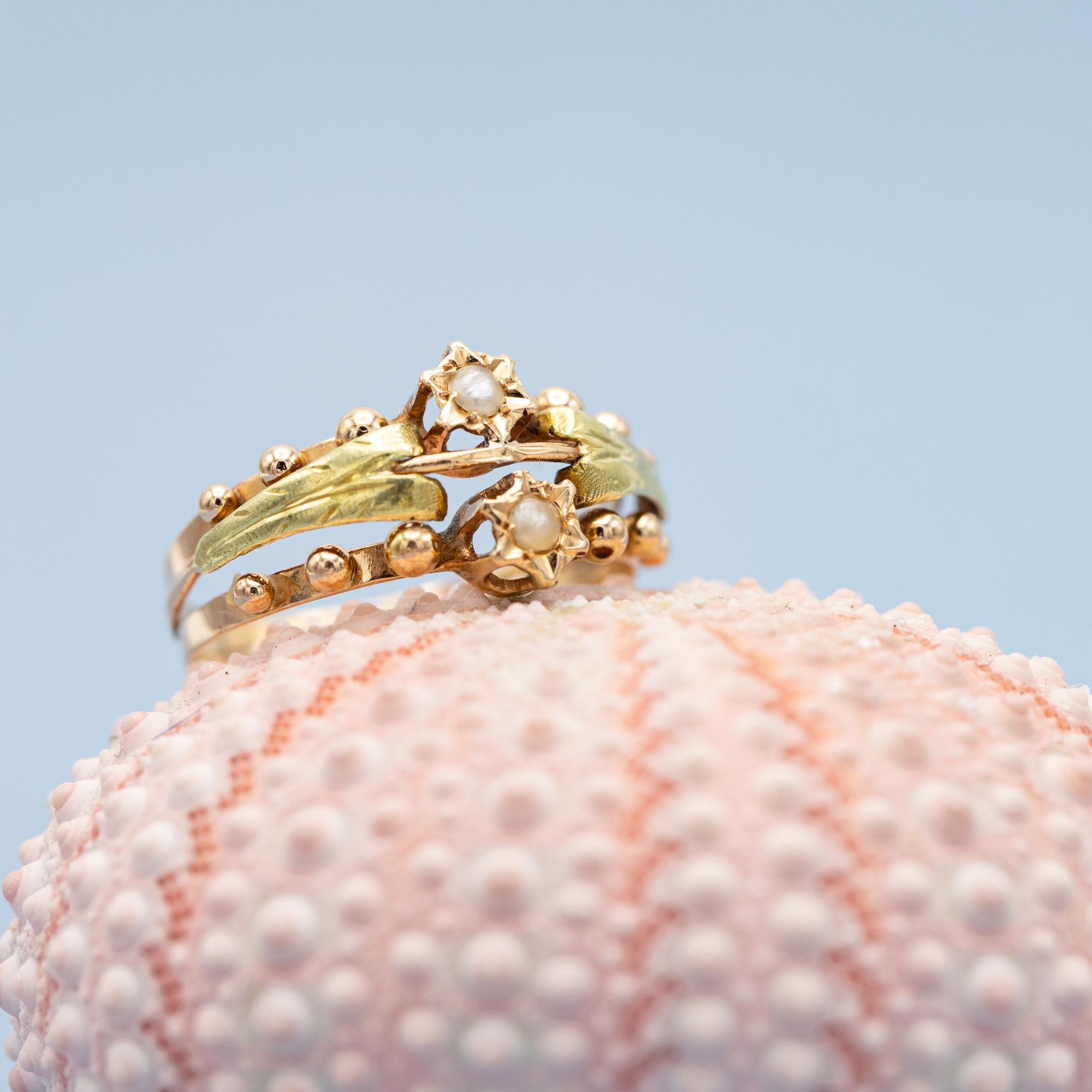 Rare French 18k gold antique flower ring - Napoleon III - Victorian pearl jewel 3
