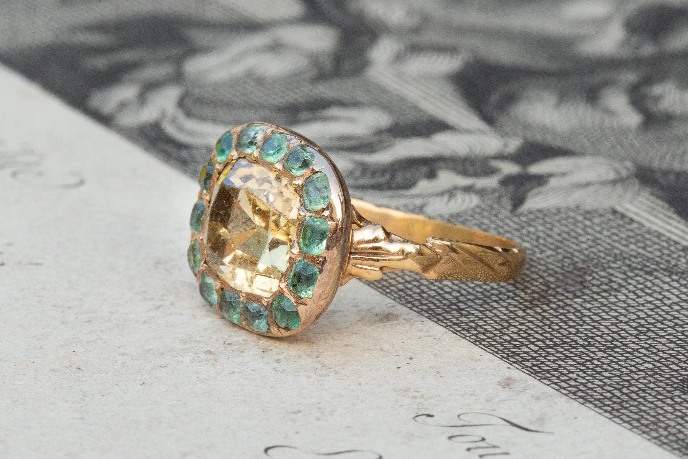 Antique Cushion Cut Rare French 18th Century Georgian Cluster Ring with Citrine and Emeralds