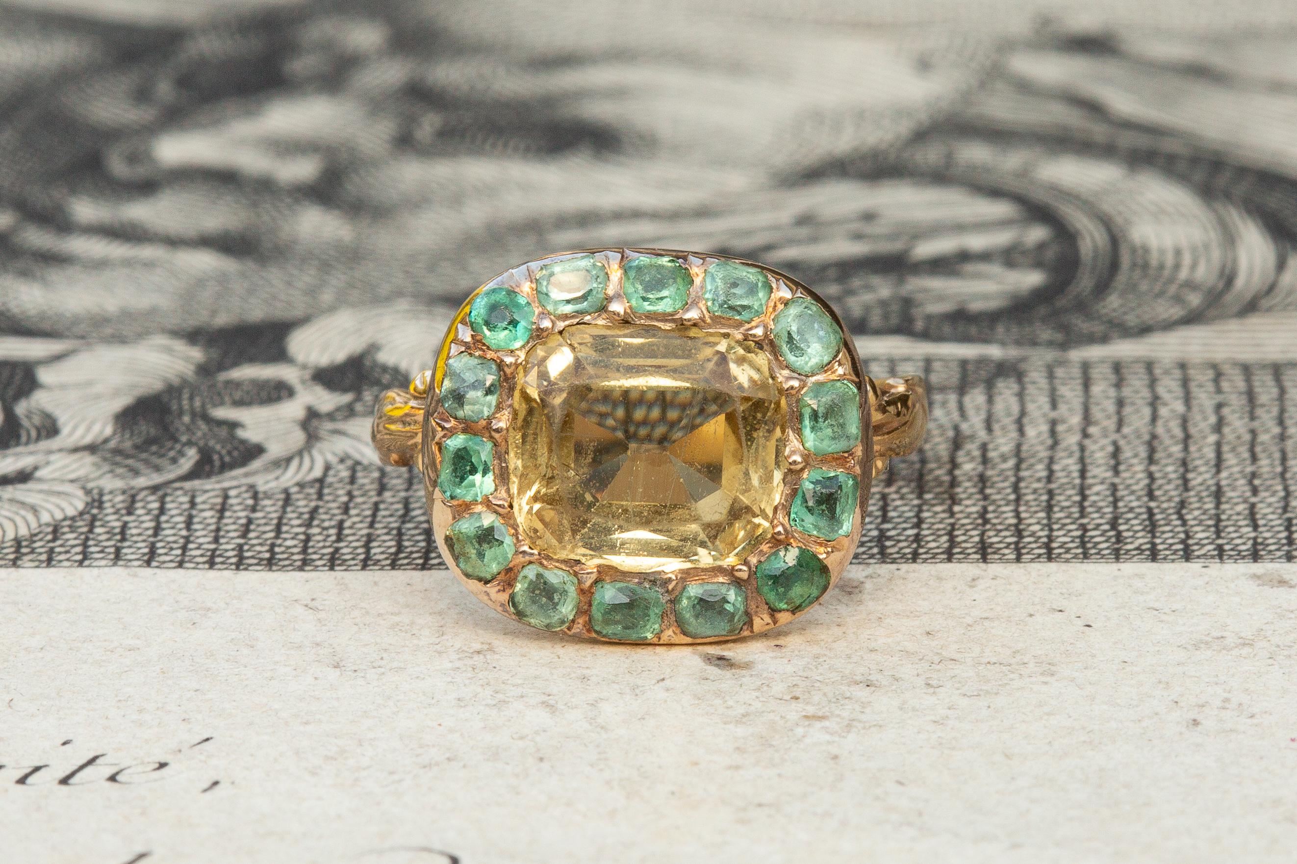 Women's Rare French 18th Century Georgian Cluster Ring with Citrine and Emeralds