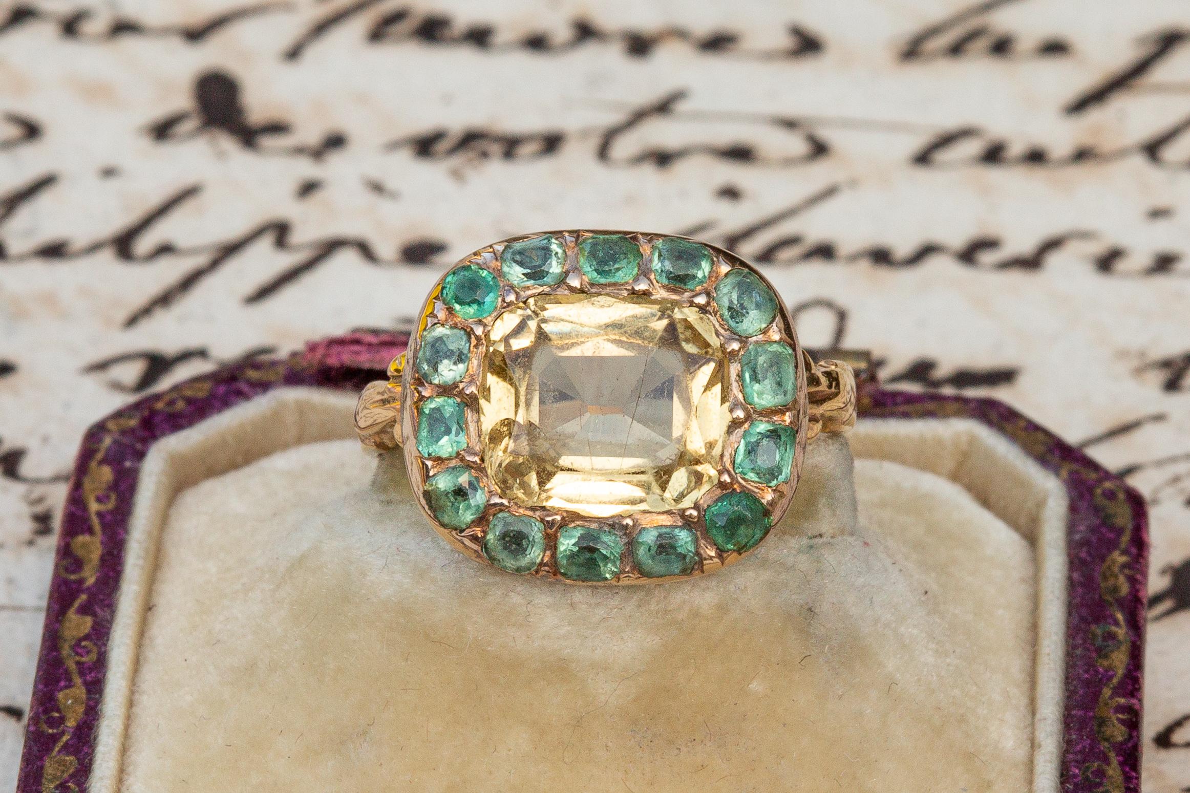 Rare French 18th Century Georgian Cluster Ring with Citrine and Emeralds 1