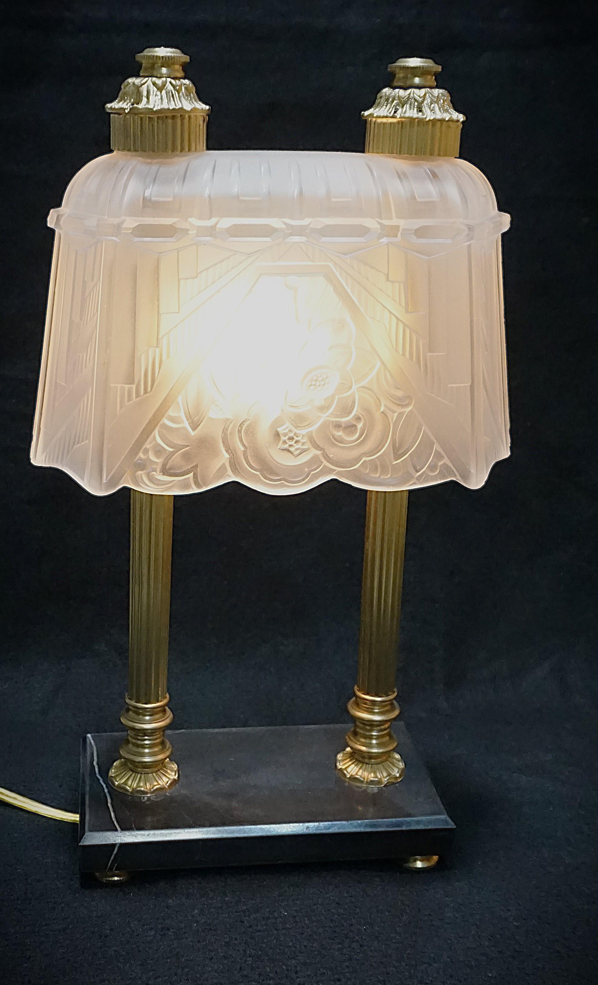 Rare French 1930's clear frost glass with bronze hardware and marble base art deco table lamp.