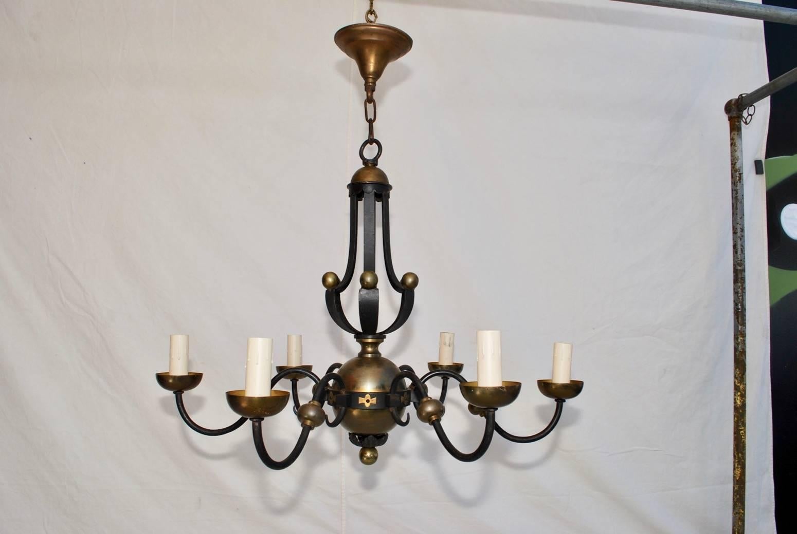 Forged Rare French 1940s Wrought Iron Chandelier Attributed to Gilbert Poillerat