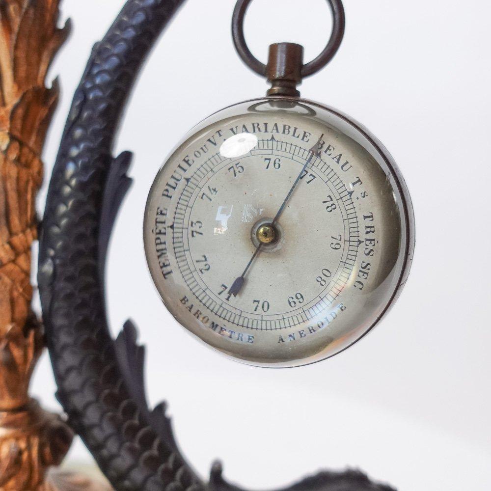 A French 19th century bronze watch and barometer holder is an ornate piece of functional decor from the Victorian era.

The holder is made of bronze, a popular Material for decorative objects during the 19th century due to its durability and