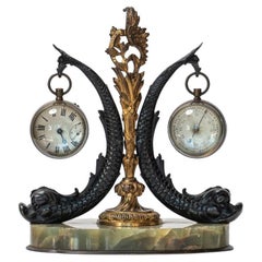 Seltene französische Bronzeuhr und Barometerhalterung aus dem 19. Jahrhundert