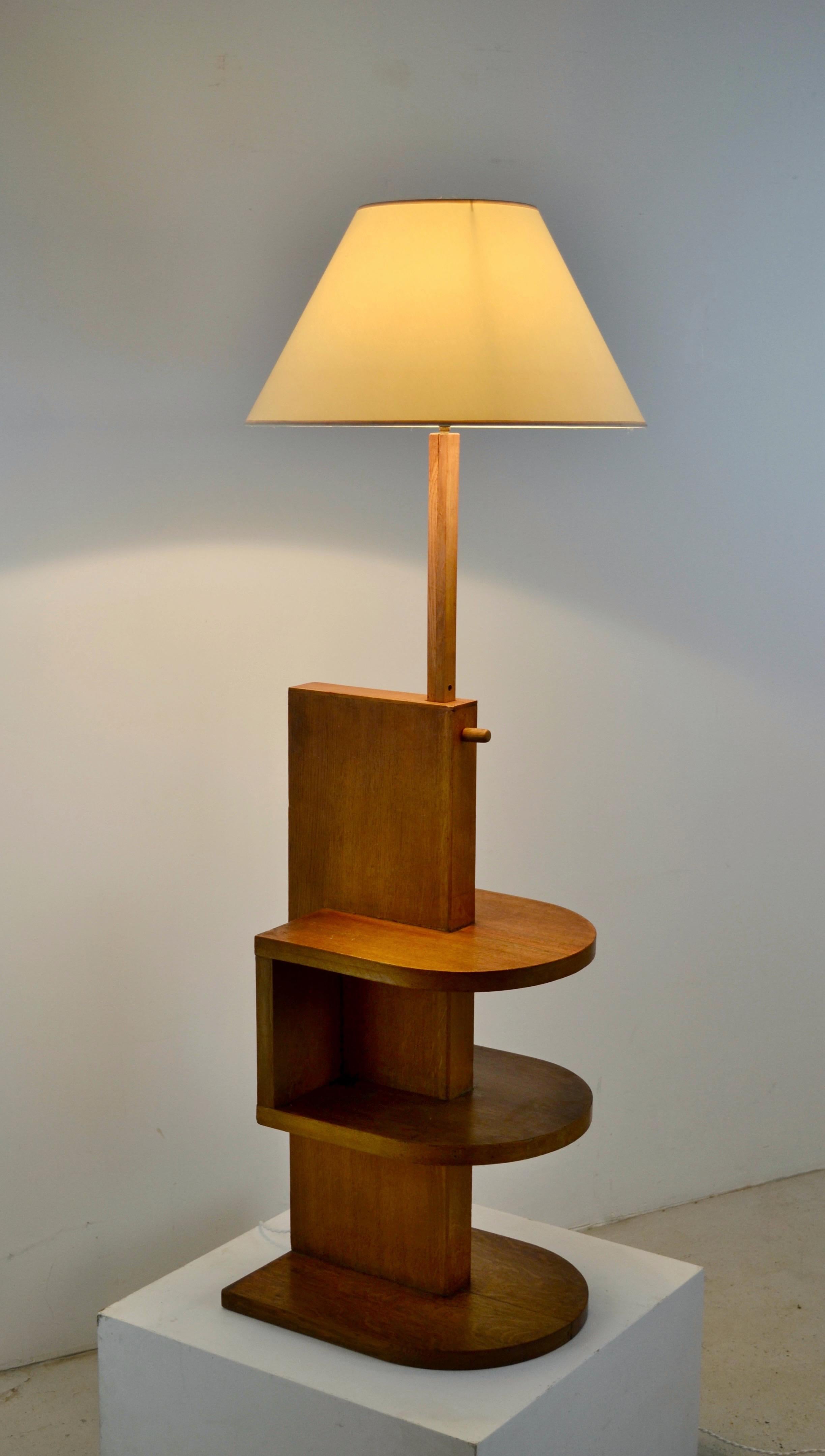 Oak Rare French Adjustable Floor Lamp, Attributed to René Gabriel - 1950s For Sale